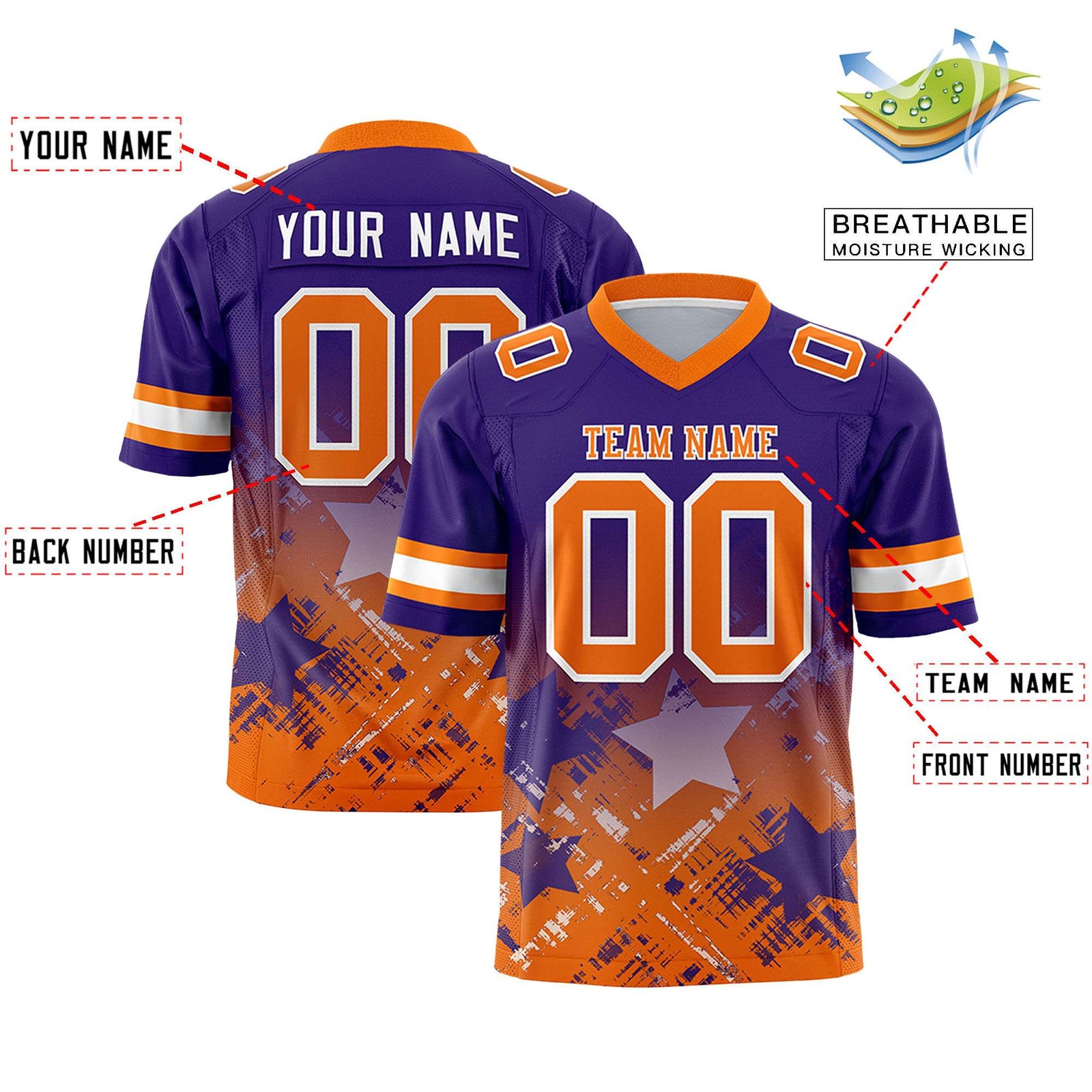 Custom Purple Orange Personalized Star Gradient Flag Football Jersey