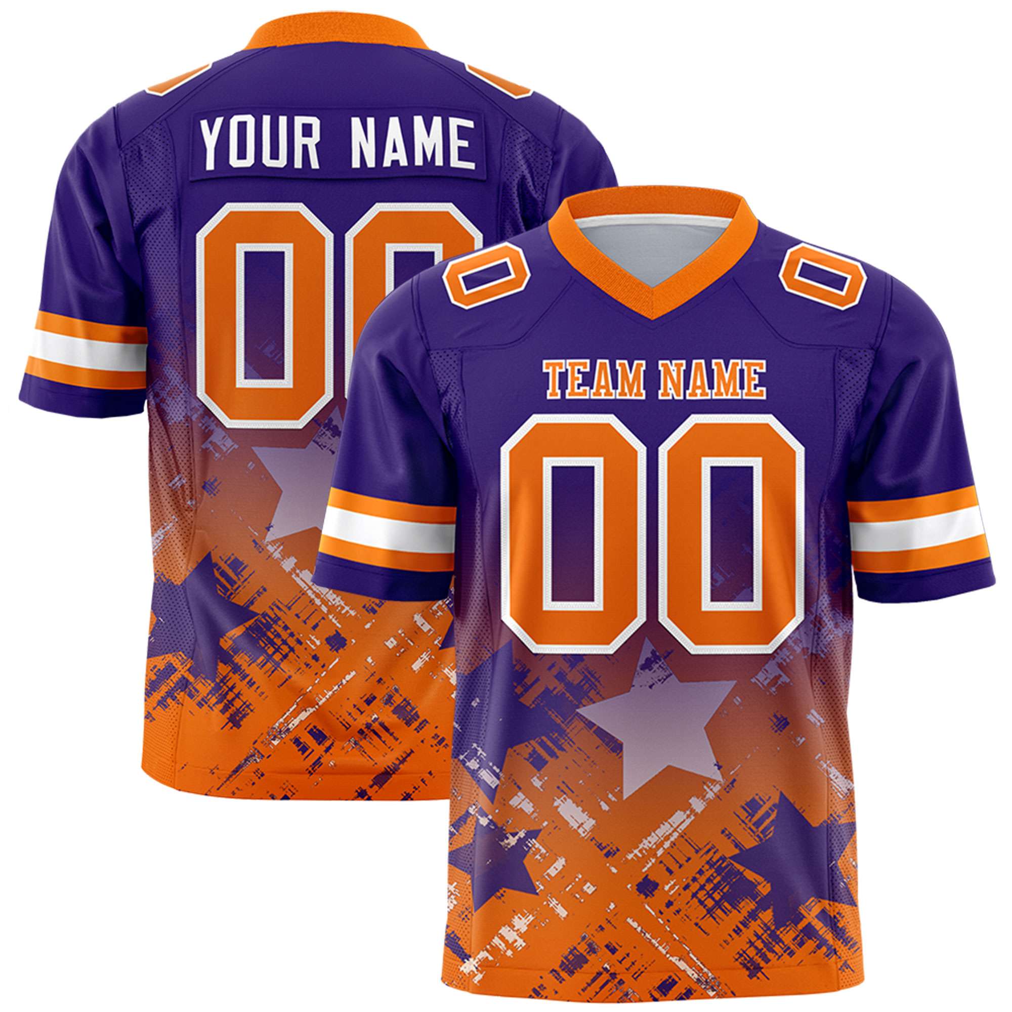 Custom Purple Orange Personalized Star Gradient Flag Football Jersey