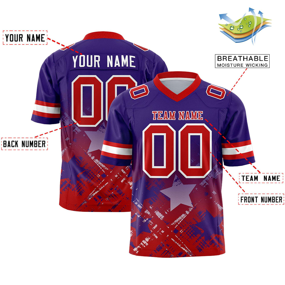 Custom Purple Red Personalized Star Gradient Flag Football Jersey