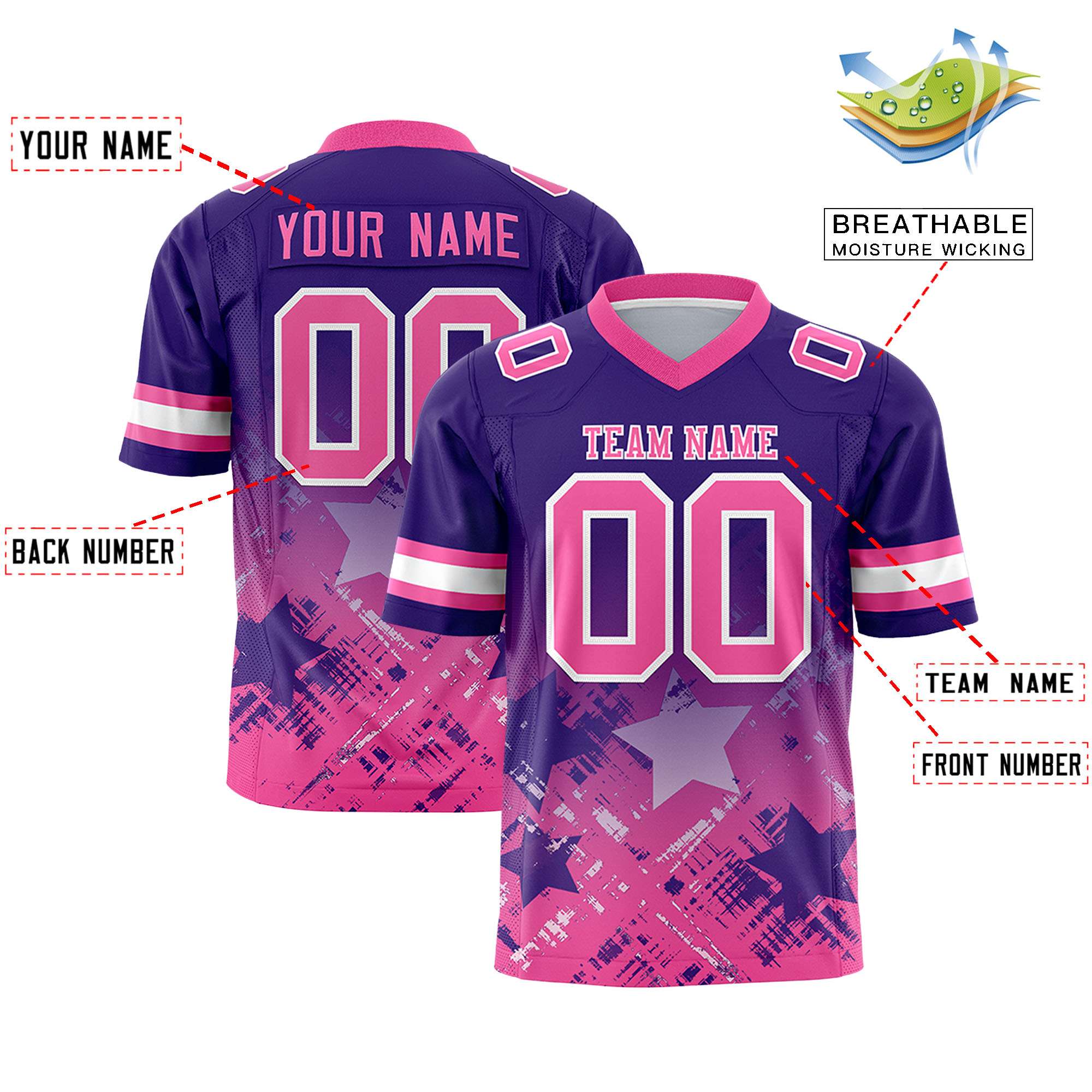 Custom Purple Pink Personalized Star Gradient Flag Football Jersey