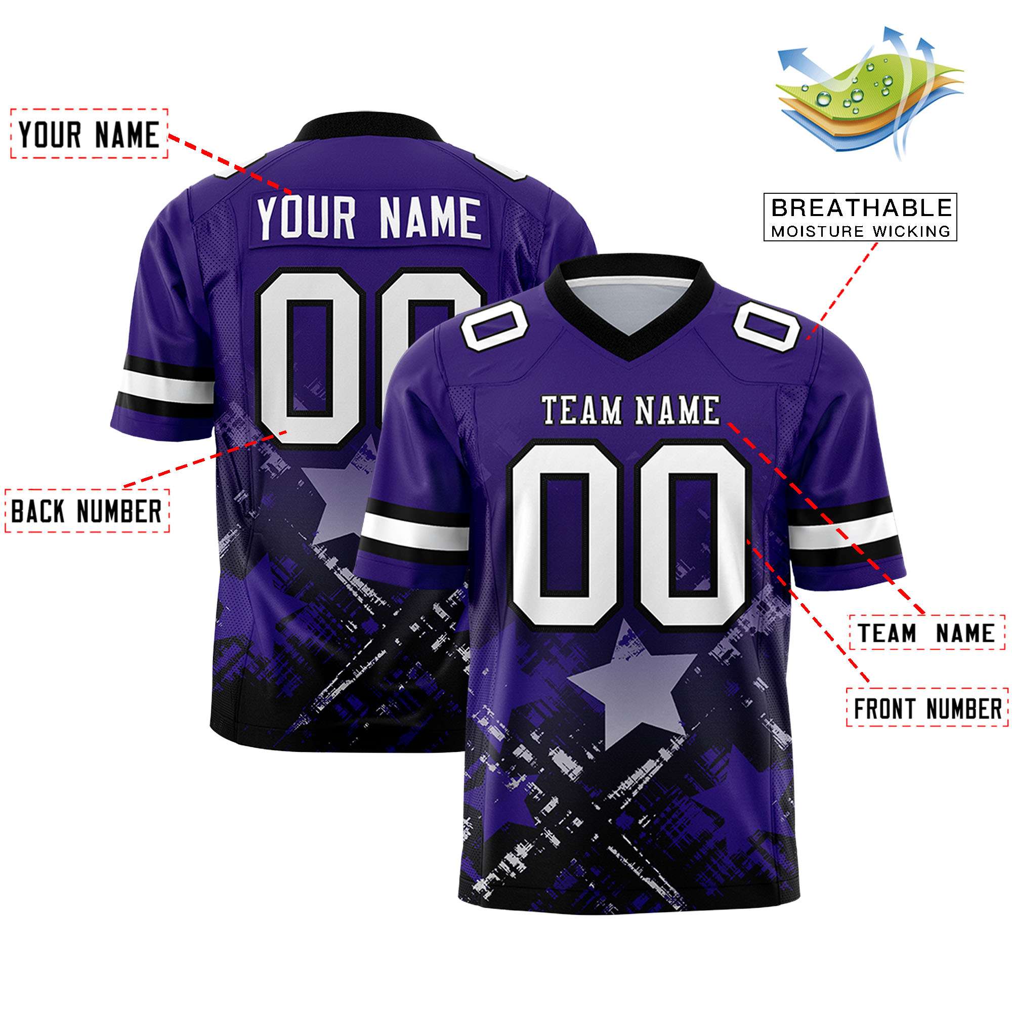 Custom Purple Black Personalized Star Gradient Flag Football Jersey