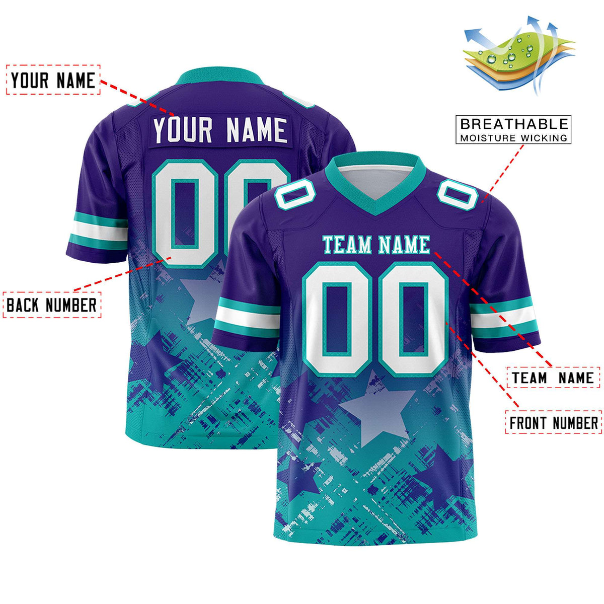 Custom Purple Aqua Personalized Star Gradient Flag Football Jersey