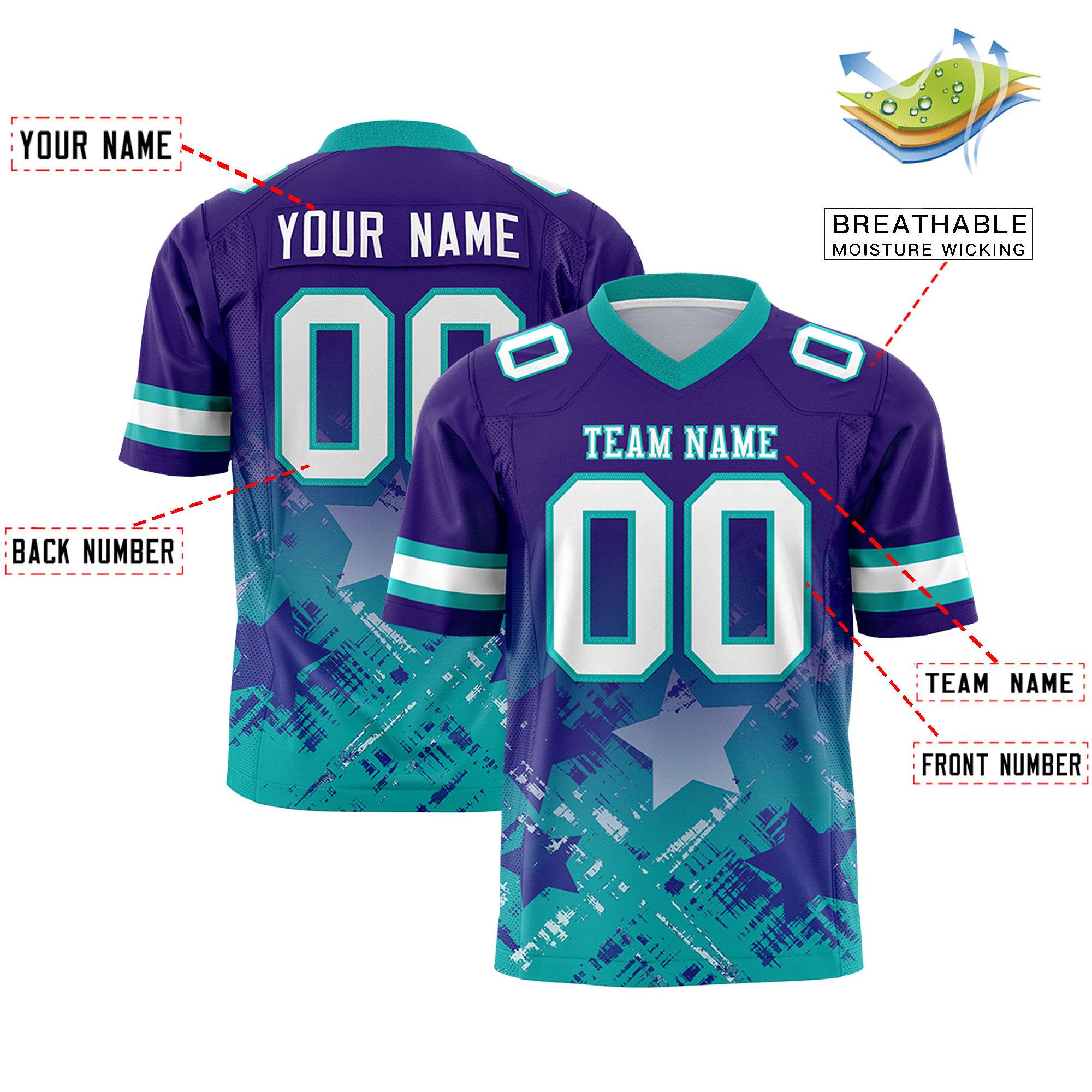 Custom Purple Aqua Personalized Star Gradient Flag Football Jersey