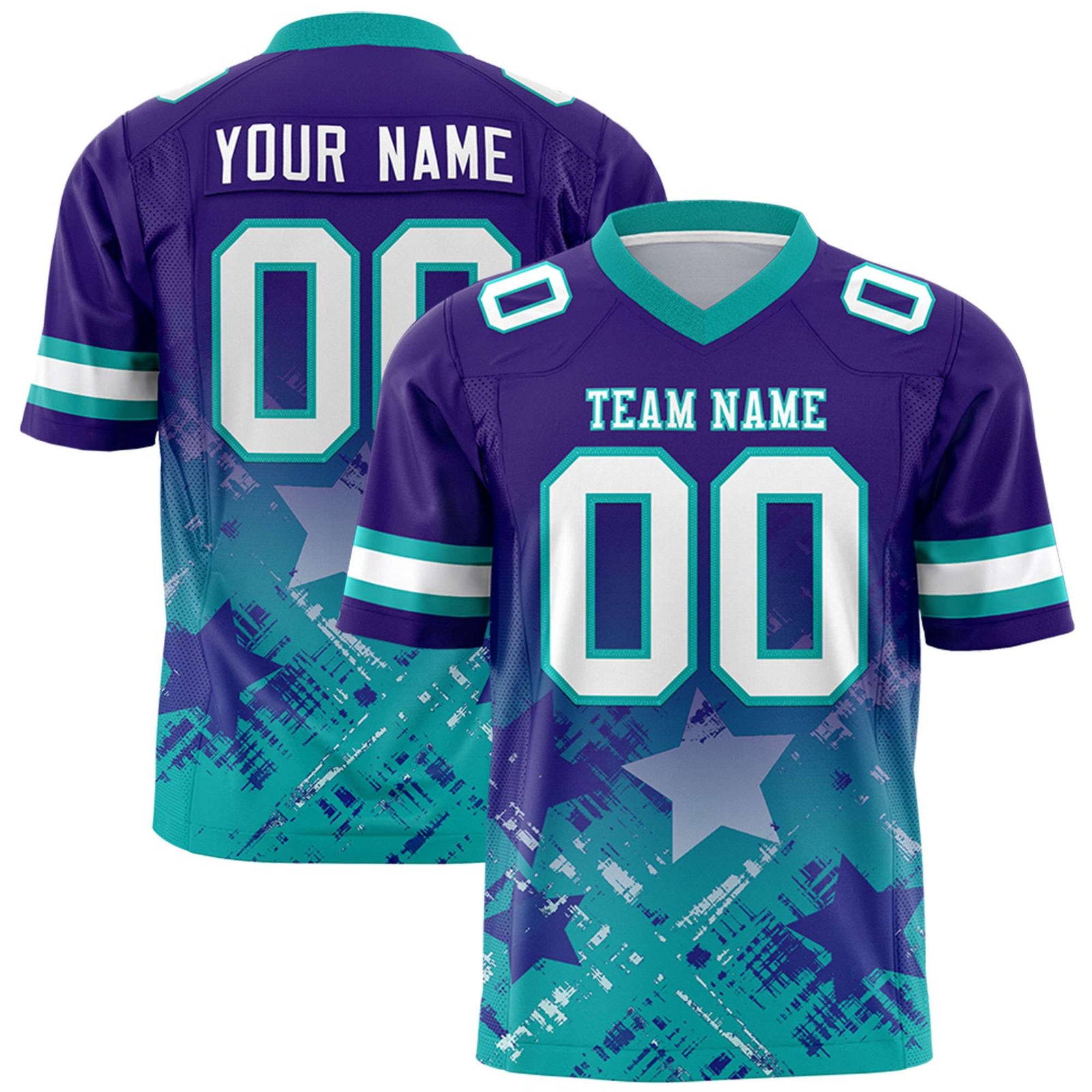 Custom Purple Aqua Personalized Star Gradient Flag Football Jersey