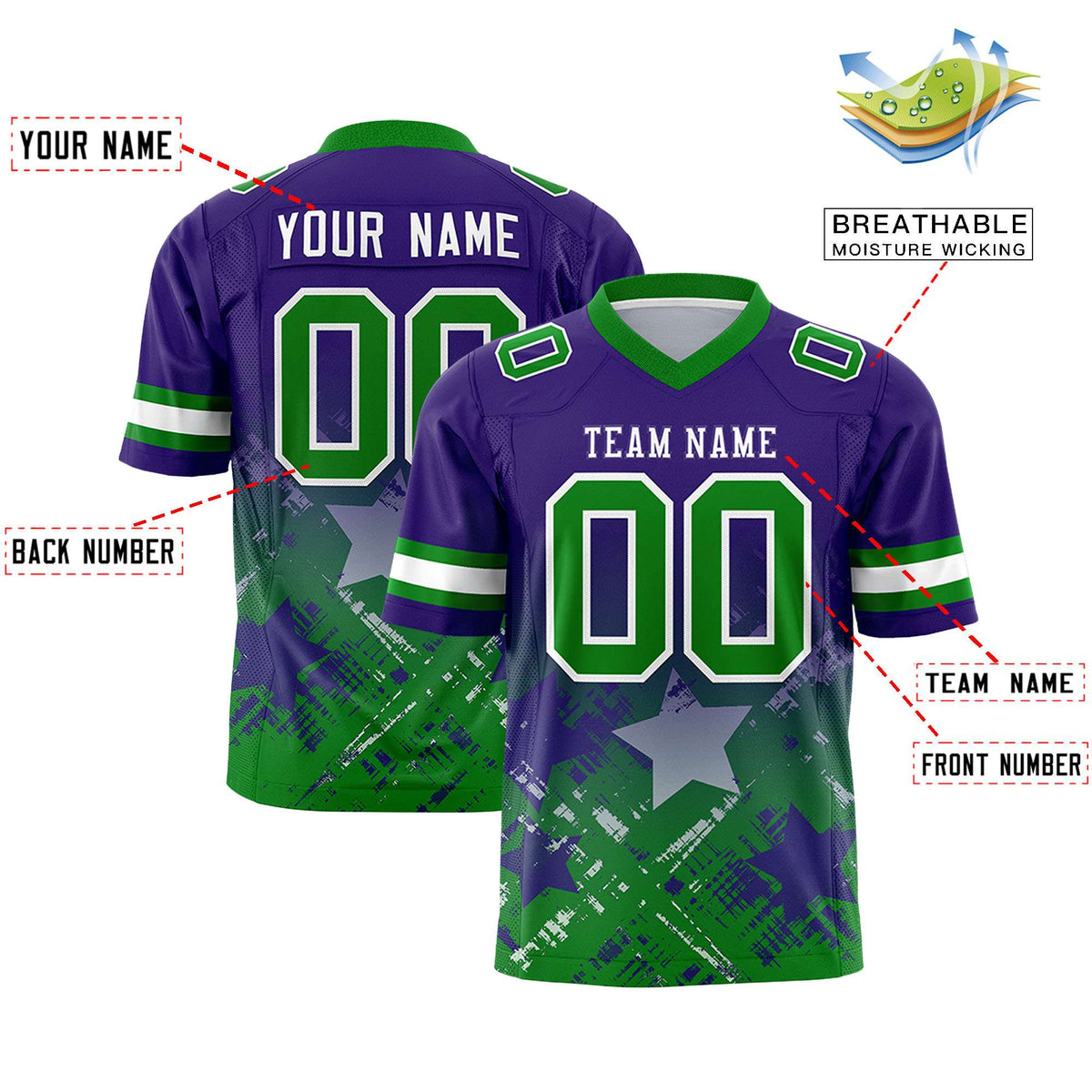 Custom Purple Kelly Green Personalized Star Gradient Flag Football Jersey