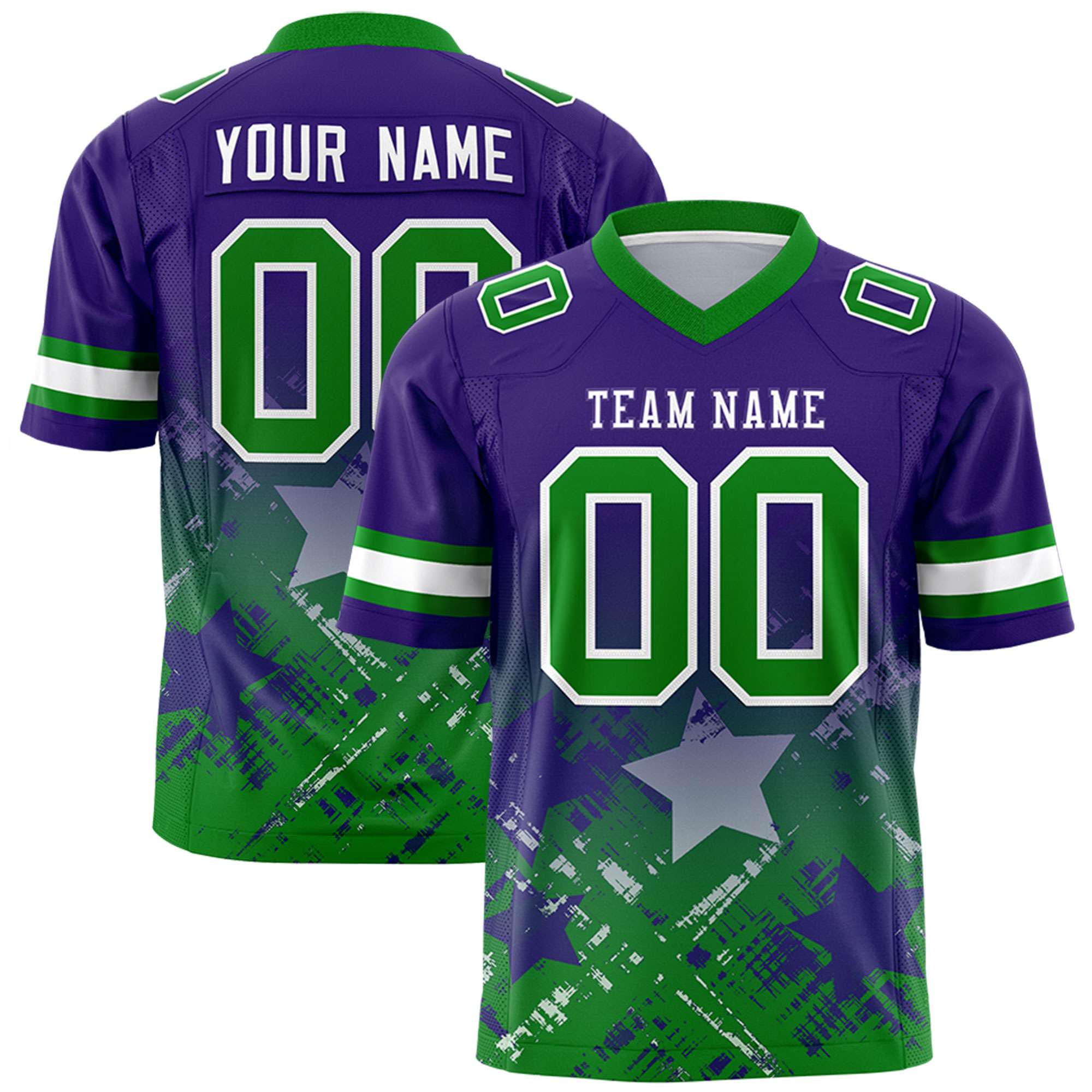 Custom Purple Kelly Green Personalized Star Gradient Flag Football Jersey