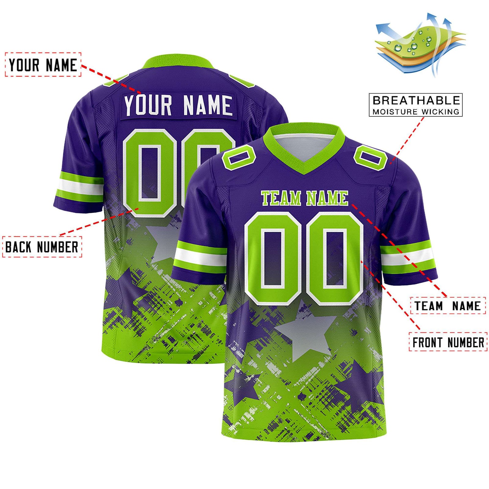 Custom Purple Neon Green Personalized Star Gradient Flag Football Jersey