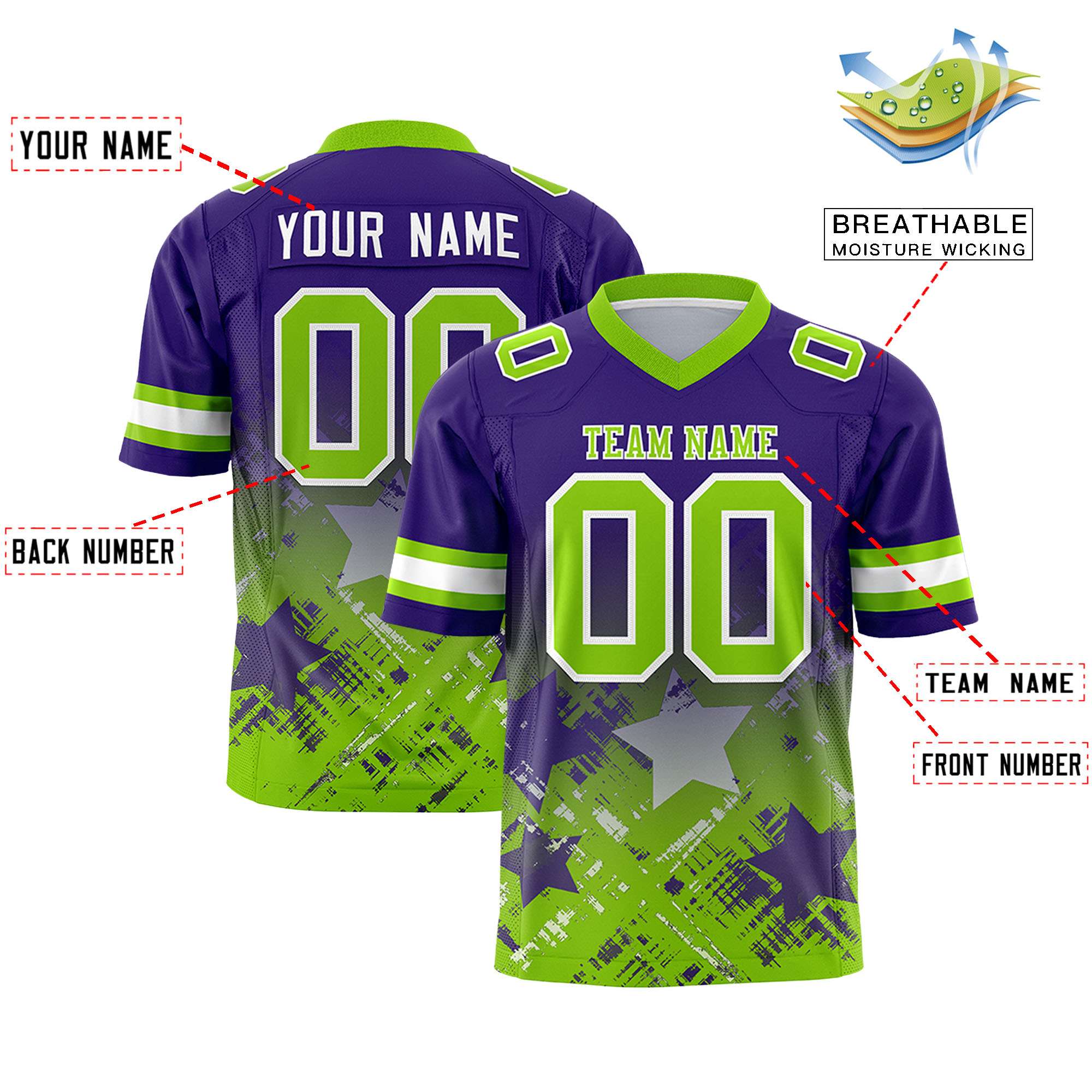 Custom Purple Neon Green Personalized Star Gradient Flag Football Jersey