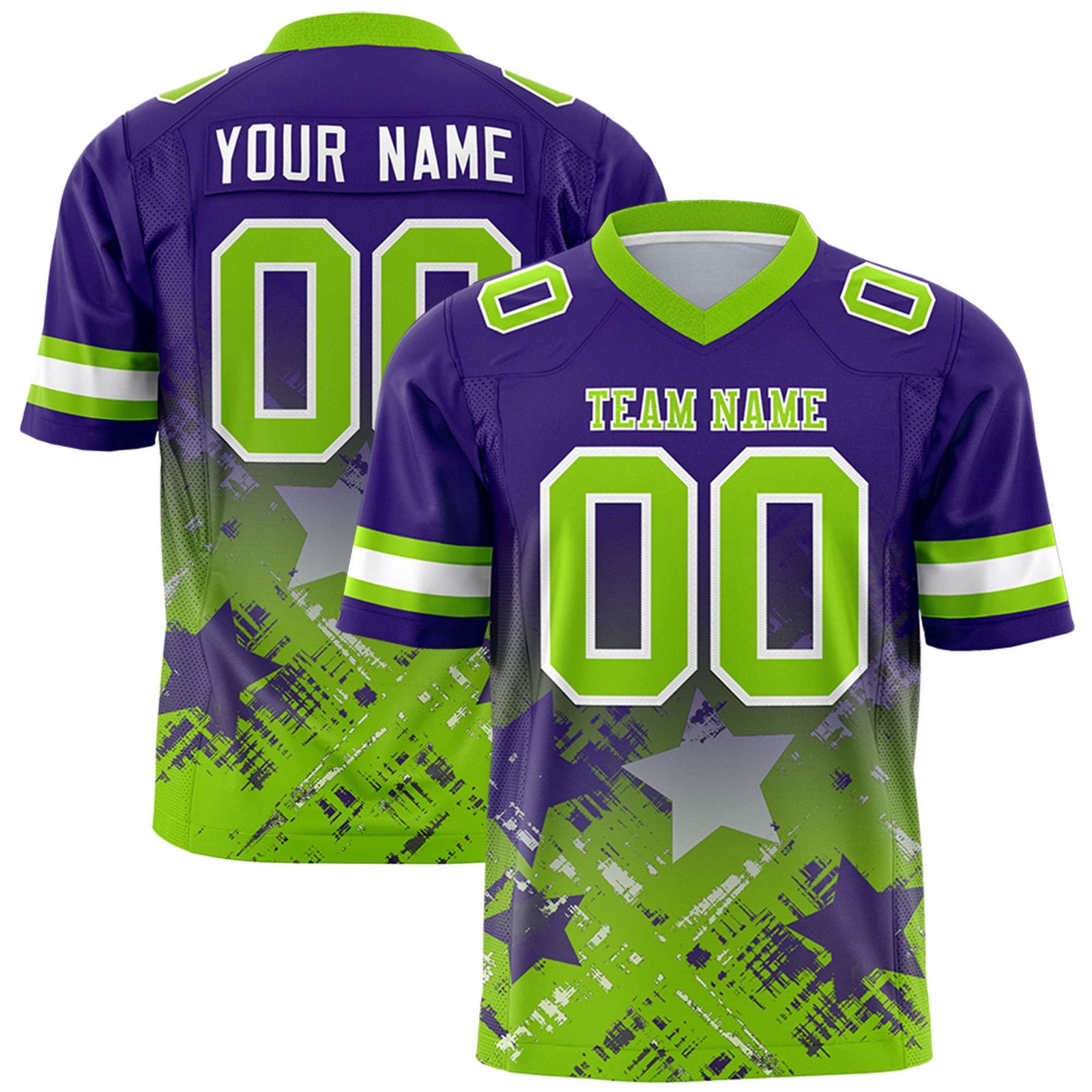 Custom Purple Neon Green Personalized Star Gradient Flag Football Jersey