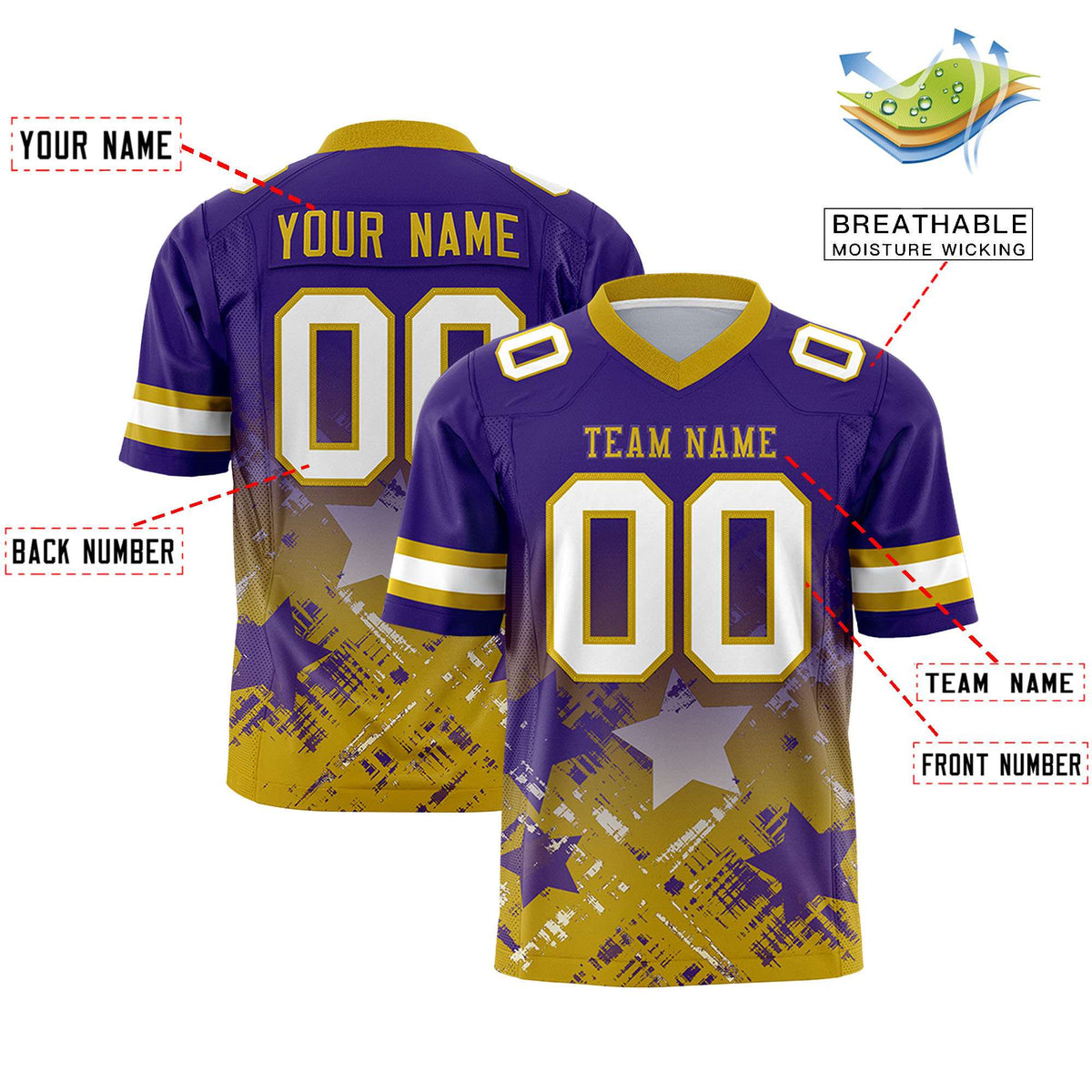 Custom Purple Old Gold Personalized Star Gradient Flag Football Jersey
