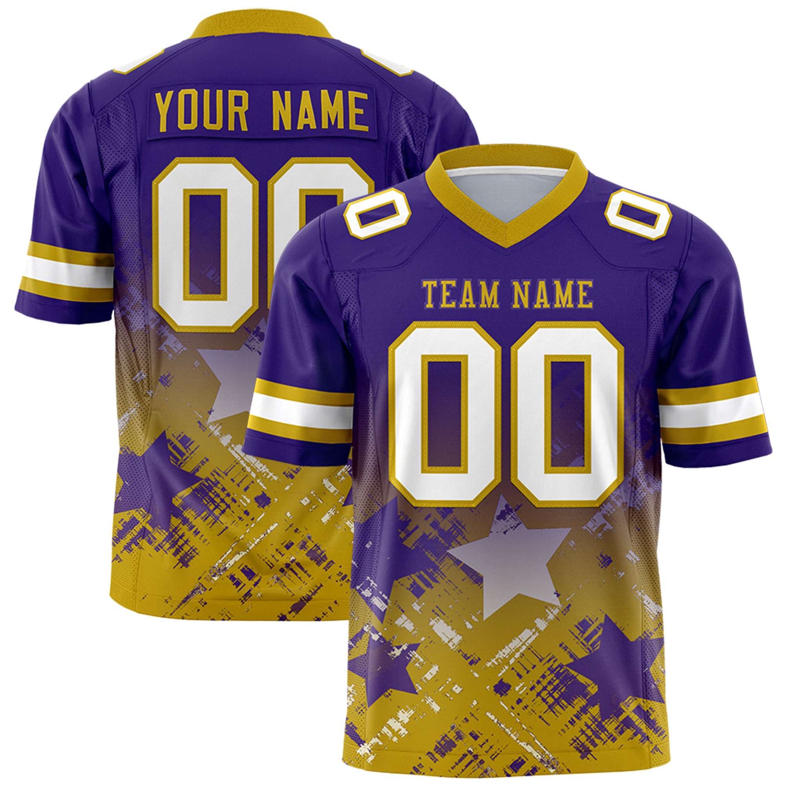 Custom Purple Old Gold Personalized Star Gradient Flag Football Jersey