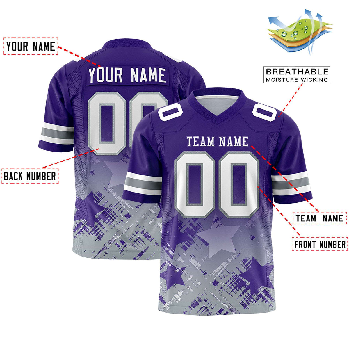 Custom Purple Purple Personalized Star Gradient Flag Football Jersey