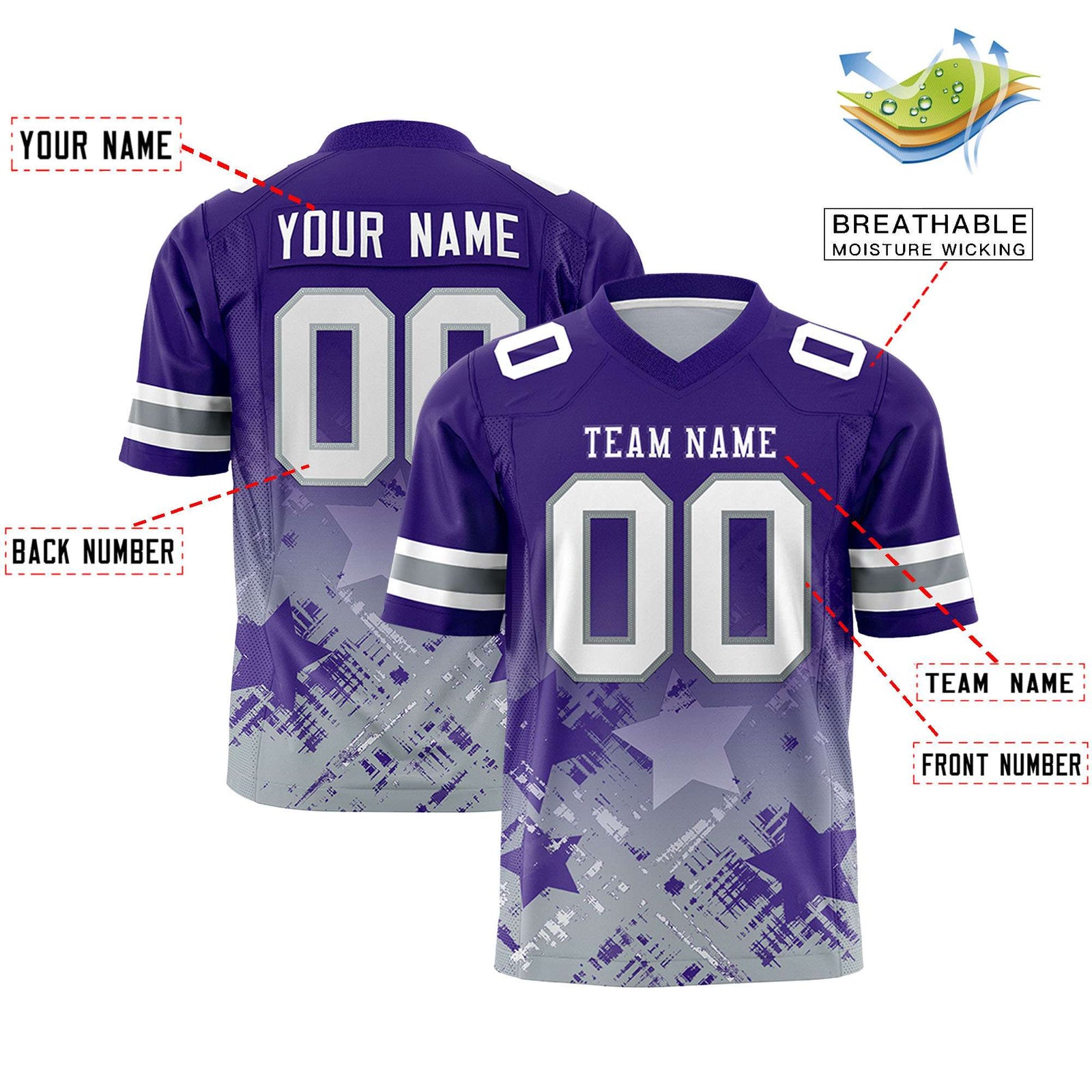 Custom Purple Purple Personalized Star Gradient Flag Football Jersey