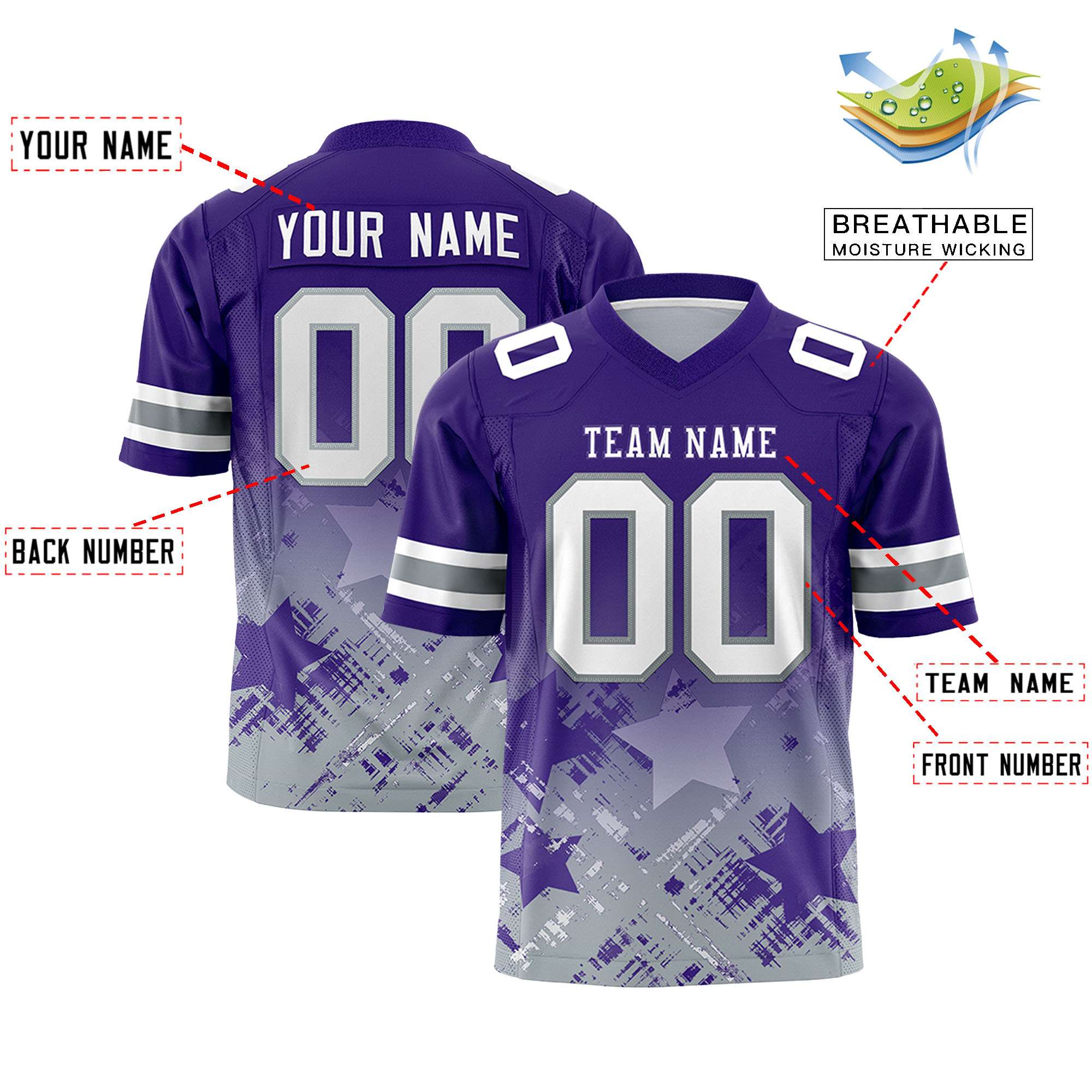Custom Purple Purple Personalized Star Gradient Flag Football Jersey