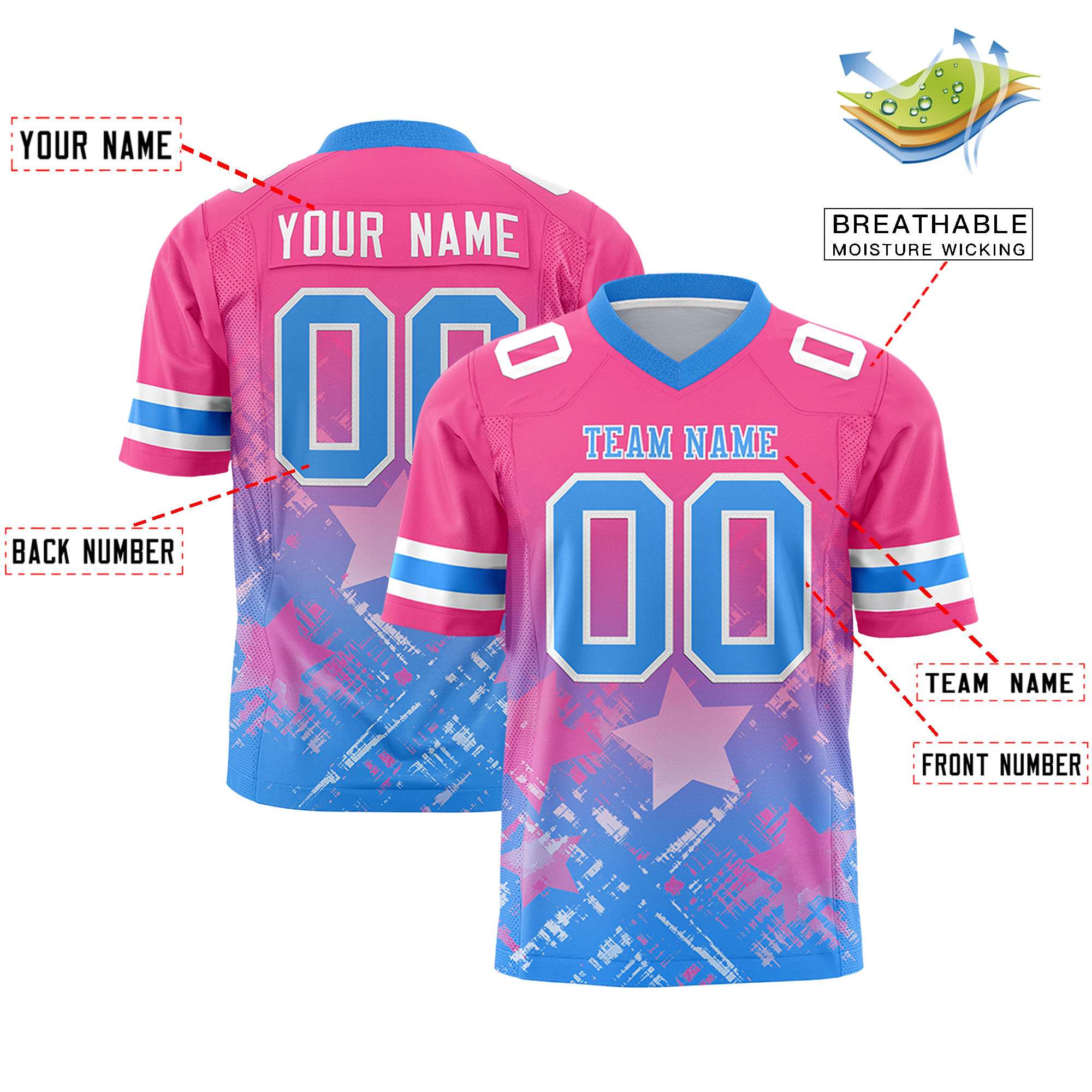 Custom Pink Light Blue Personalized Star Gradient Flag Football Jersey