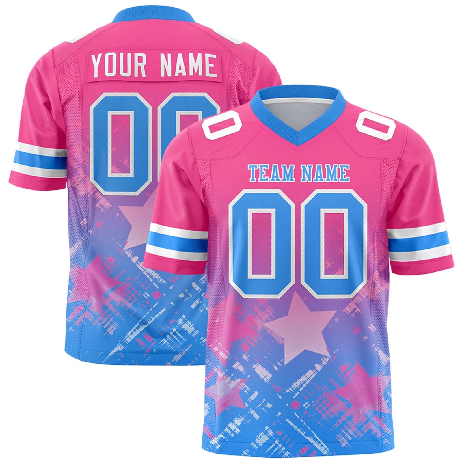 Custom Pink Light Blue Personalized Star Gradient Flag Football Jersey