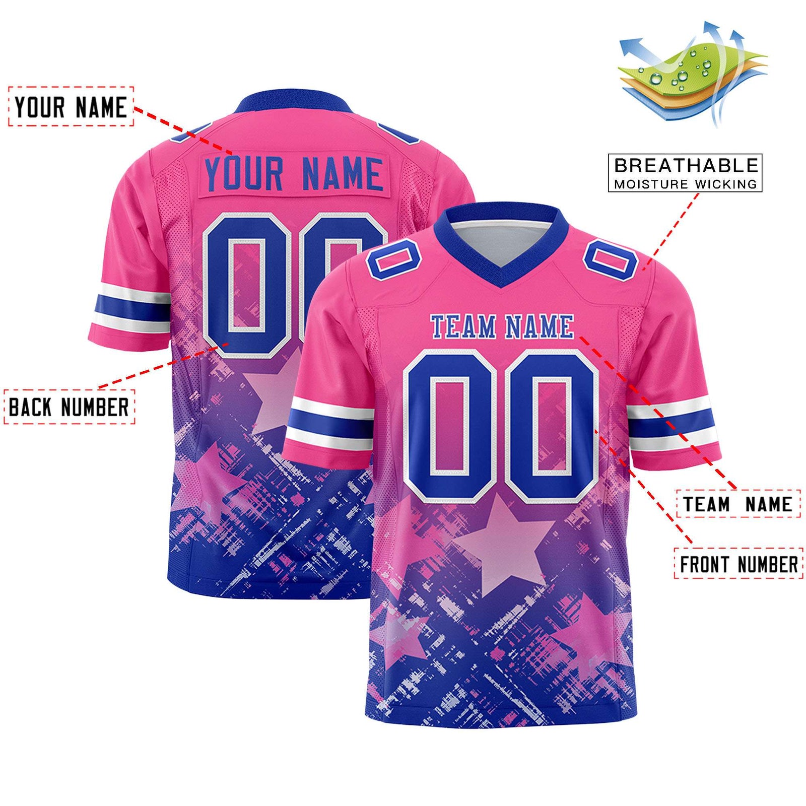 Custom Pink Royal Personalized Star Gradient Flag Football Jersey