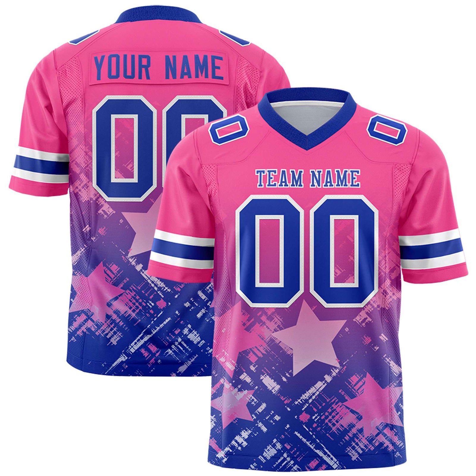 Custom Pink Royal Personalized Star Gradient Flag Football Jersey