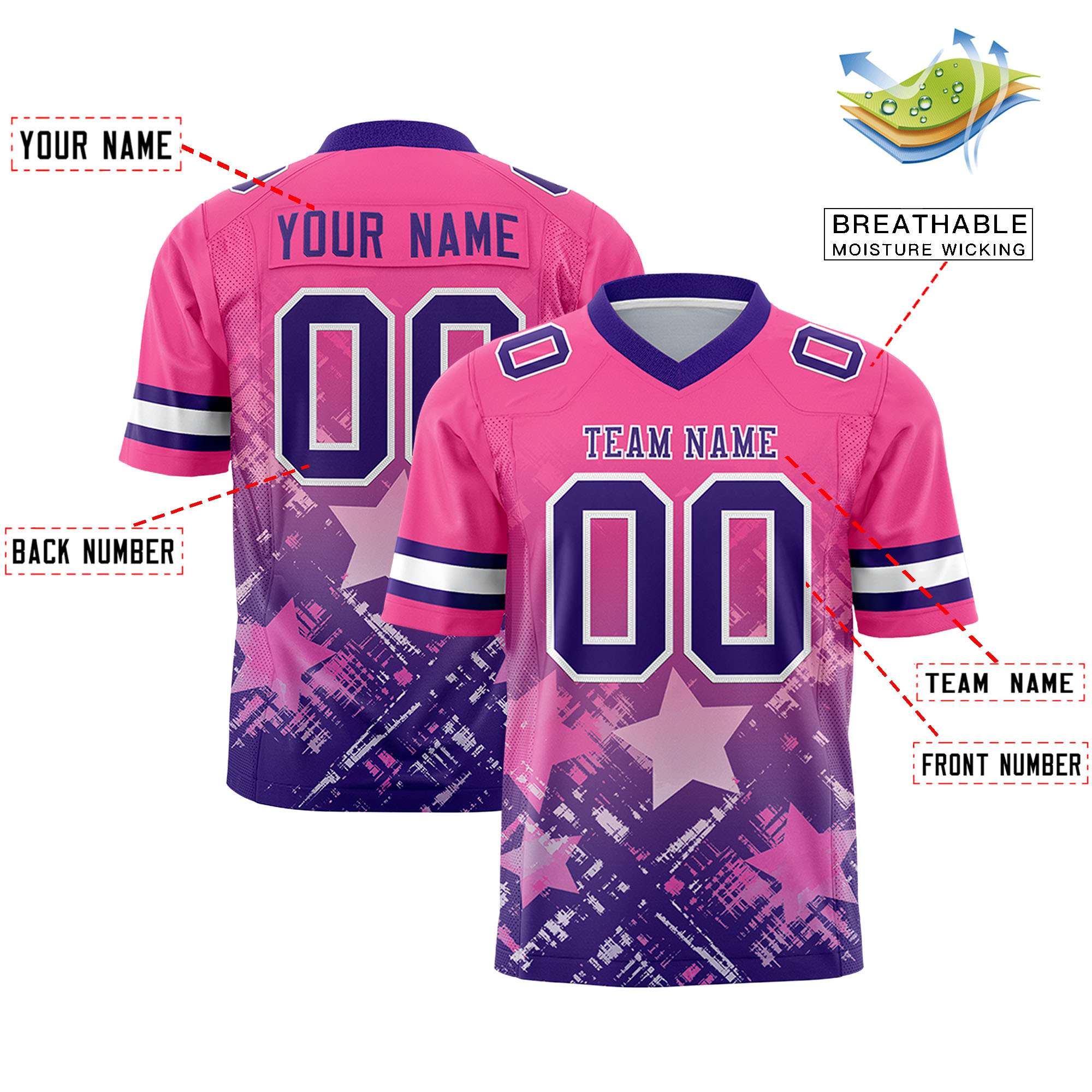 Custom Pink Purple Personalized Star Gradient Flag Football Jersey