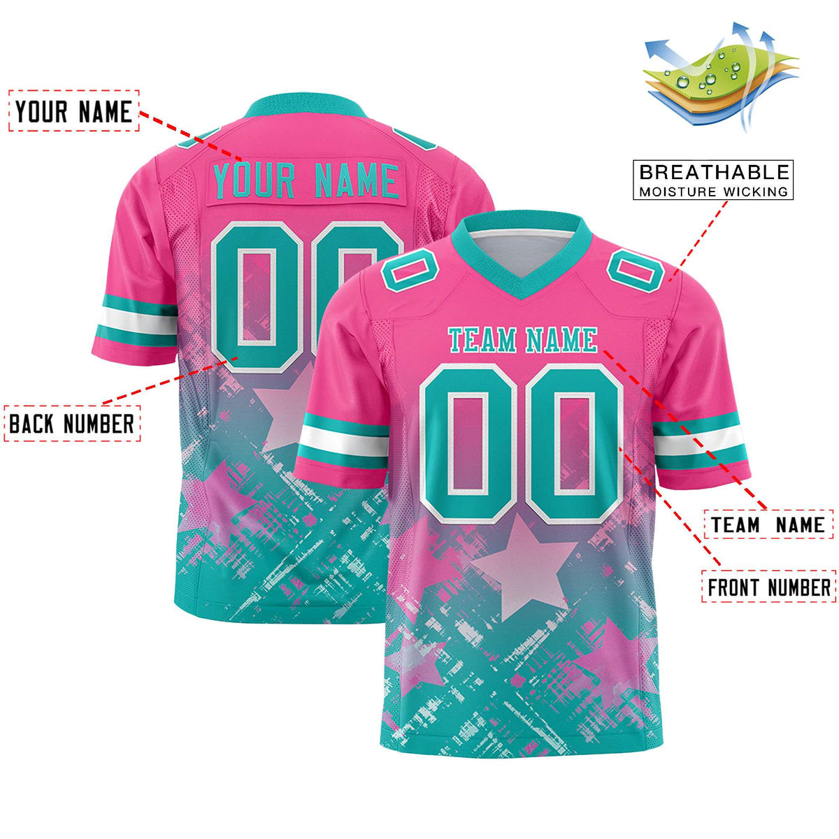 Custom Pink Aqua Personalized Star Gradient Flag Football Jersey