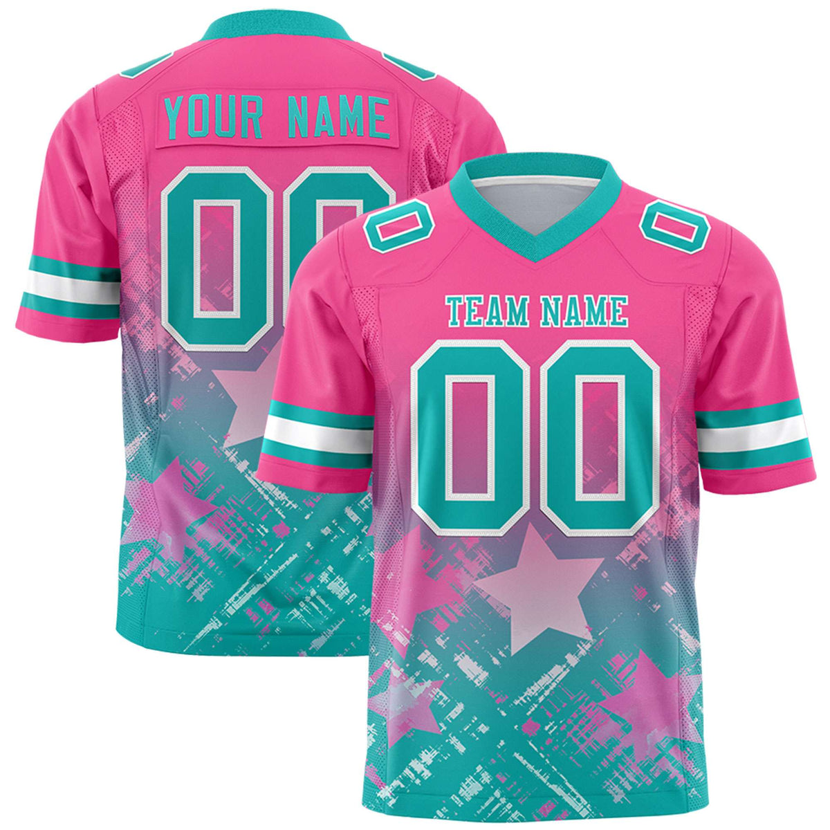 Custom Pink Aqua Personalized Star Gradient Flag Football Jersey
