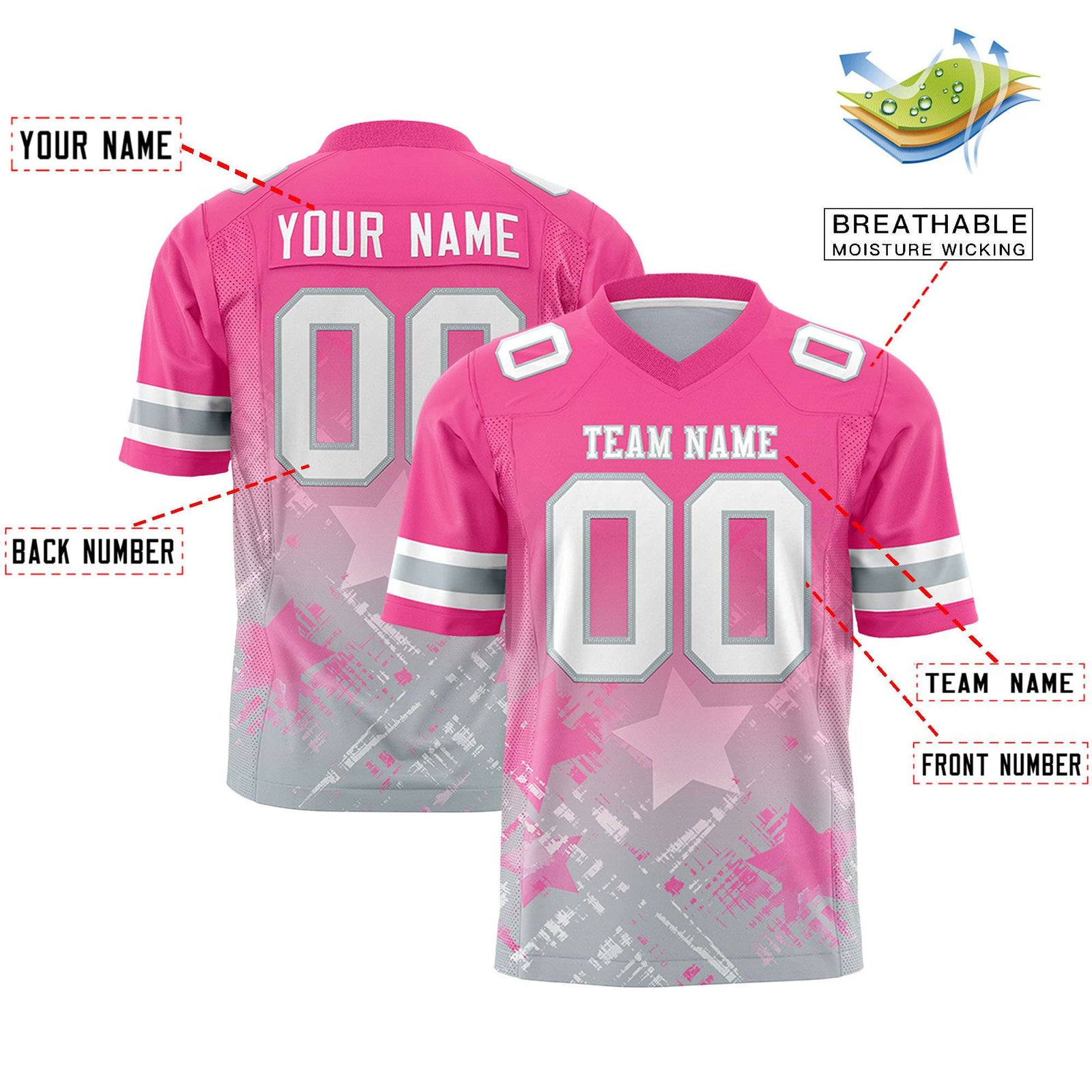 Custom Pink Pink Personalized Star Gradient Flag Football Jersey