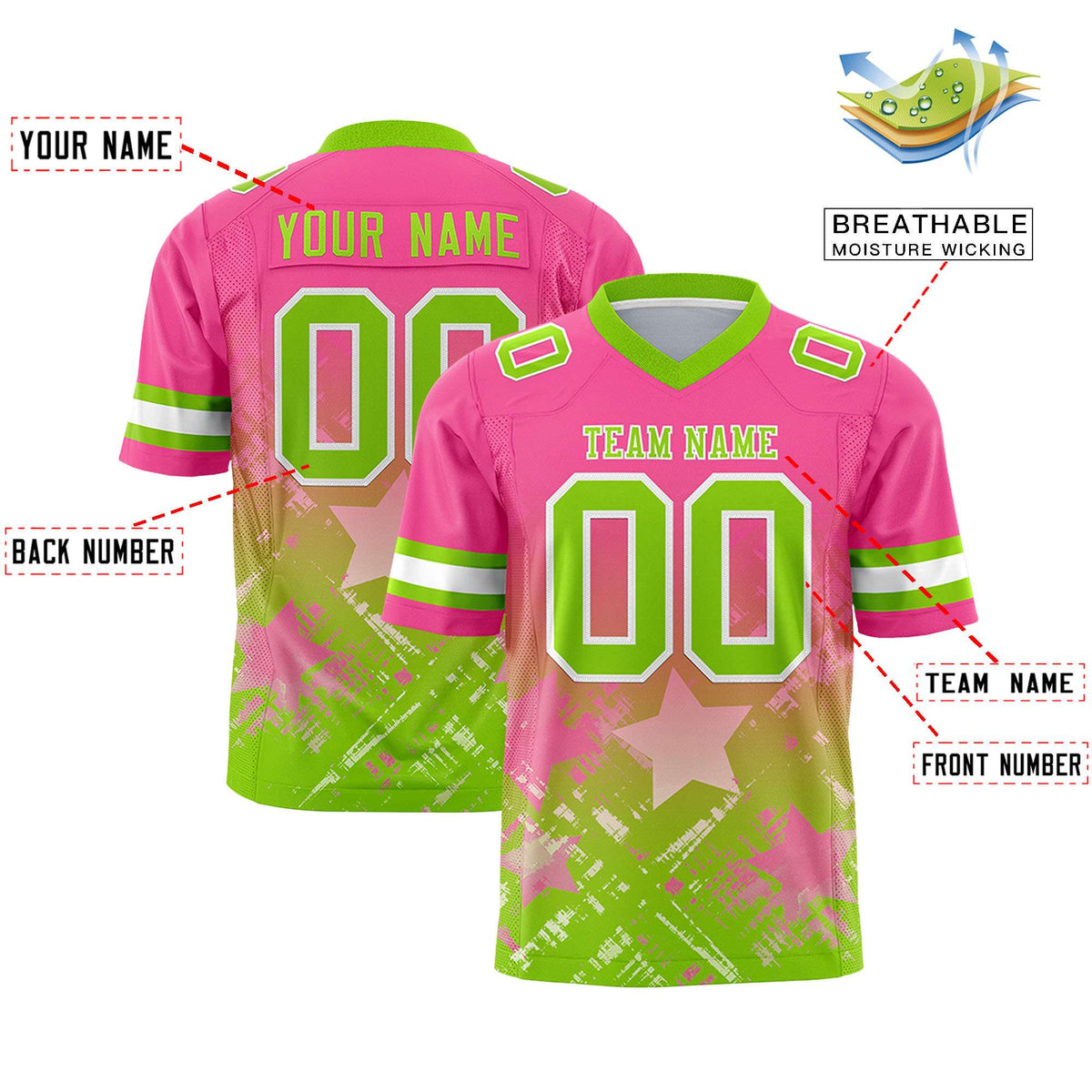 Custom Pink Neon Green Personalized Star Gradient Flag Football Jersey
