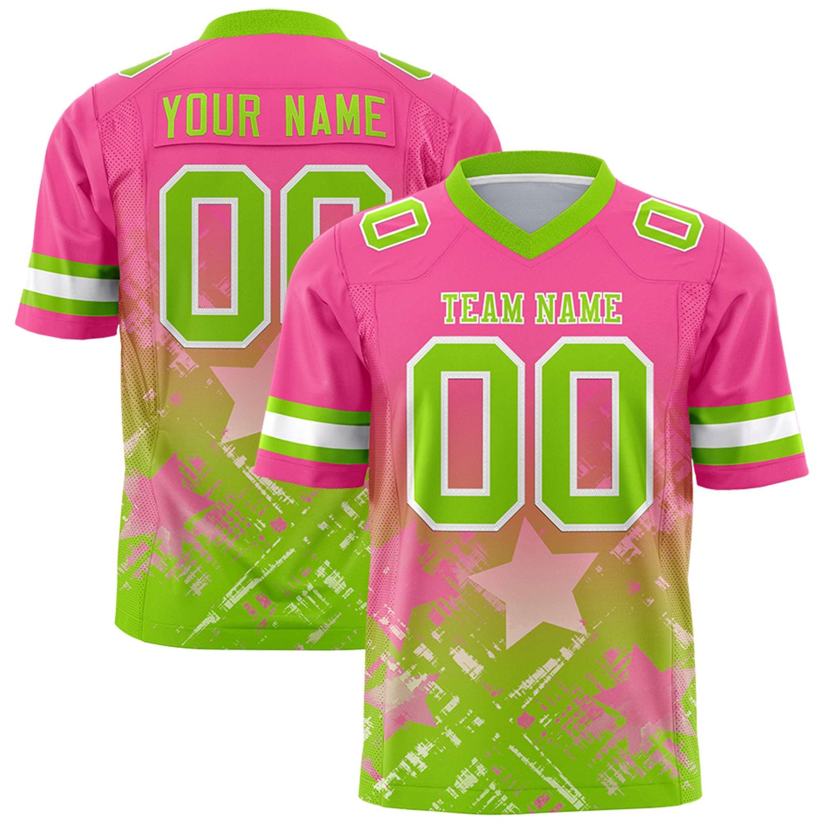 Custom Pink Neon Green Personalized Star Gradient Flag Football Jersey