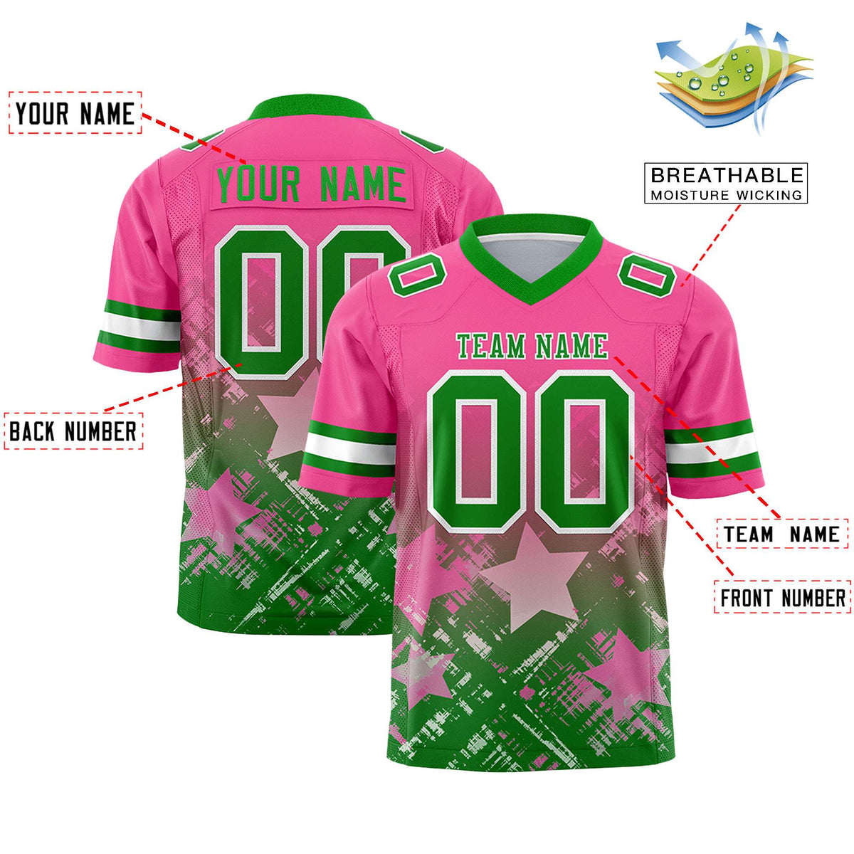 Custom Pink Kelly Green Personalized Star Gradient Flag Football Jersey
