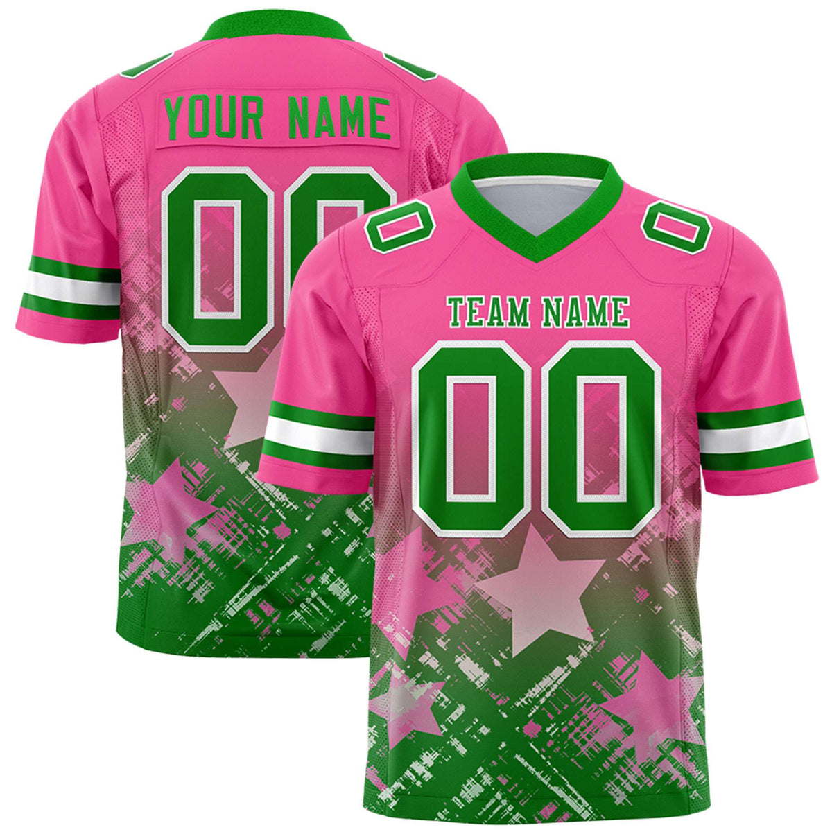 Custom Pink Kelly Green Personalized Star Gradient Flag Football Jersey