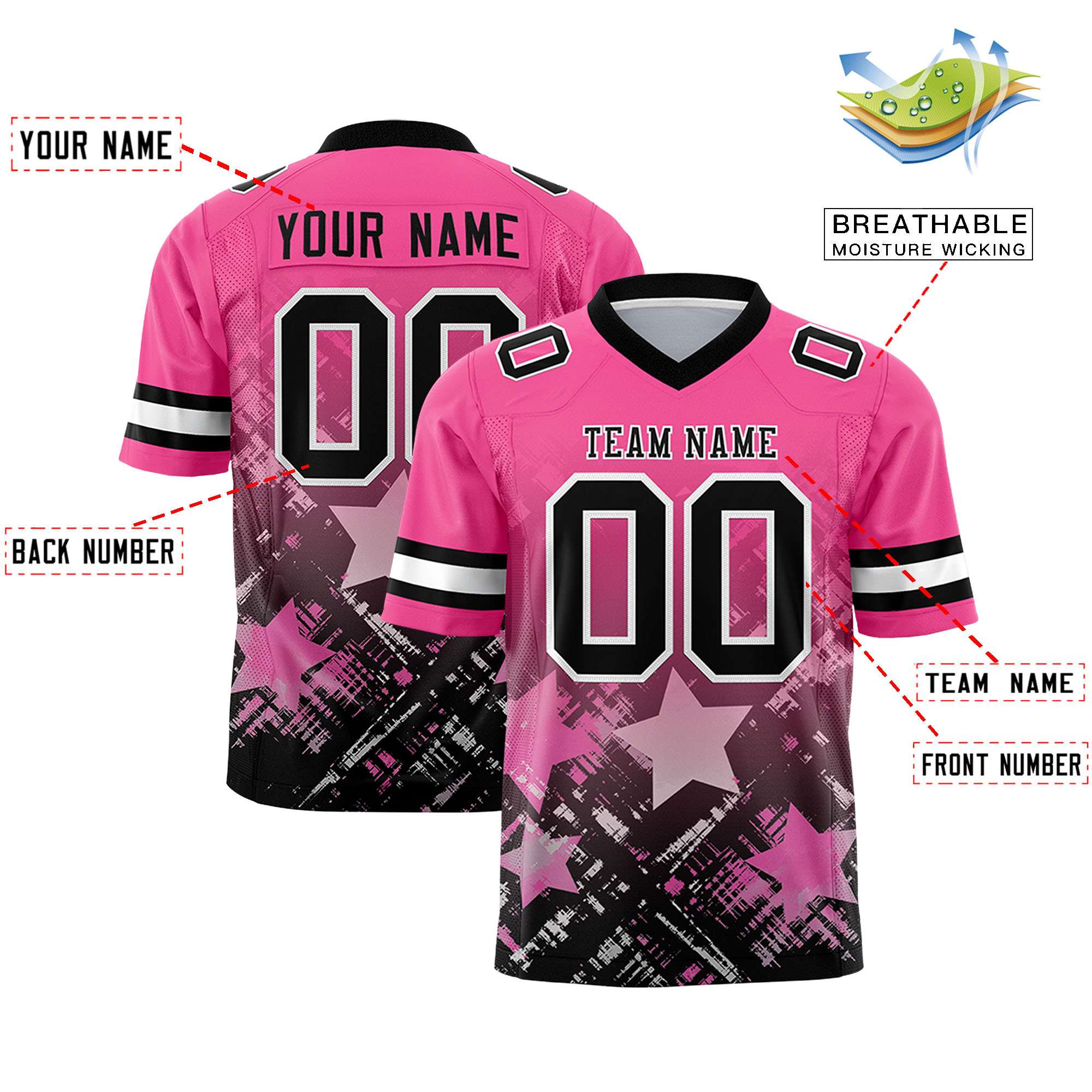 Custom Pink Black Personalized Star Gradient Flag Football Jersey