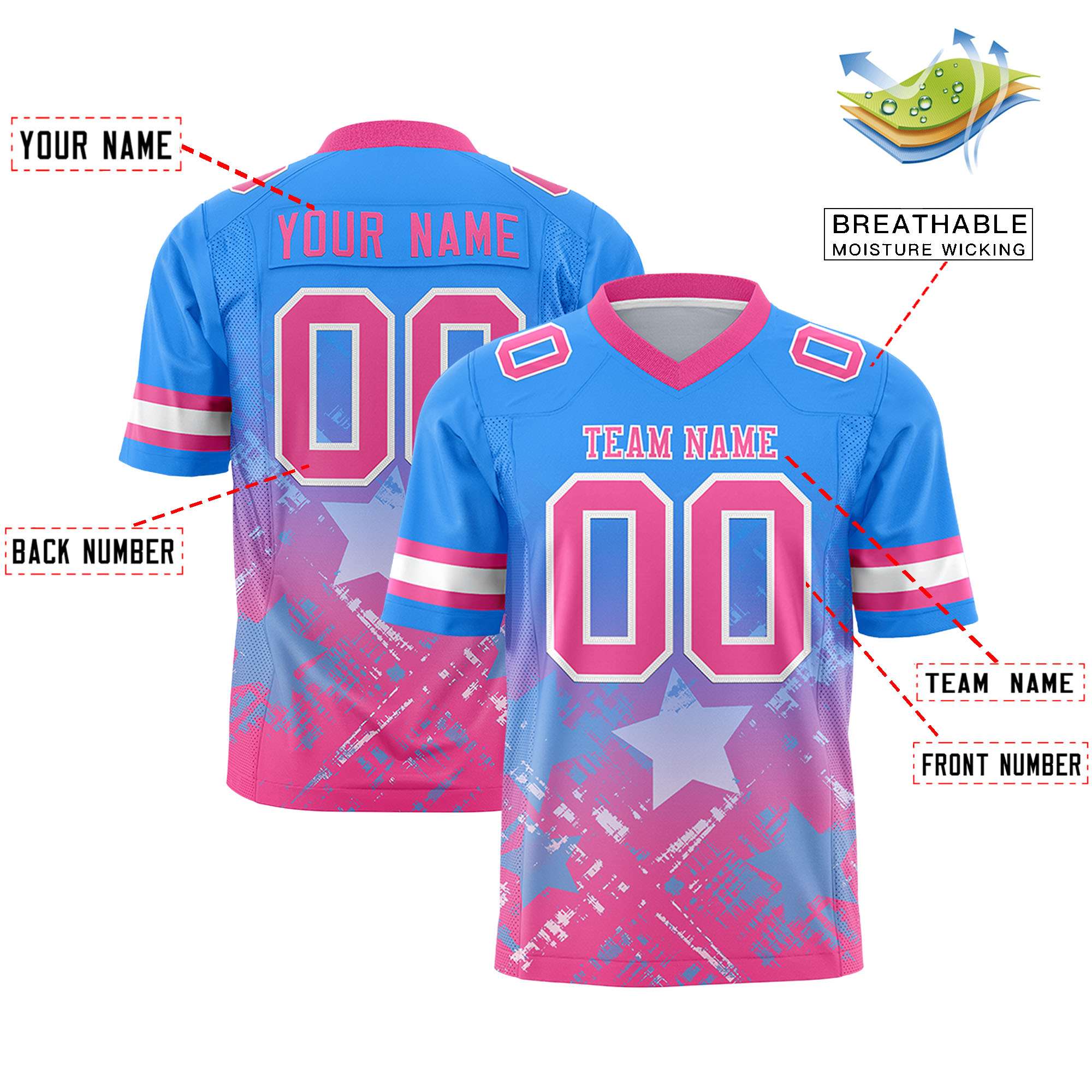 Custom Light Blue Pink Personalized Star Gradient Flag Football Jersey