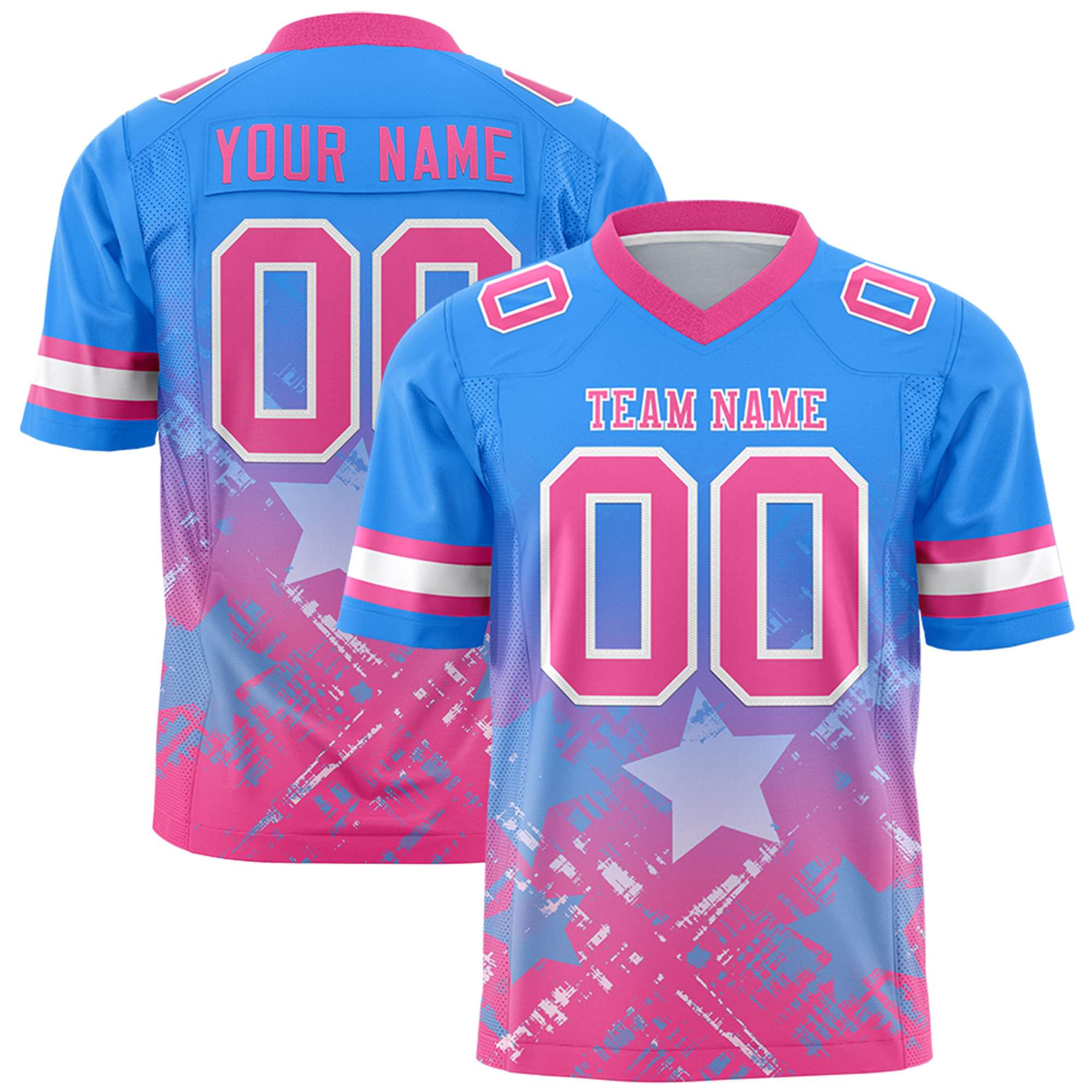 Custom Light Blue Pink Personalized Star Gradient Flag Football Jersey