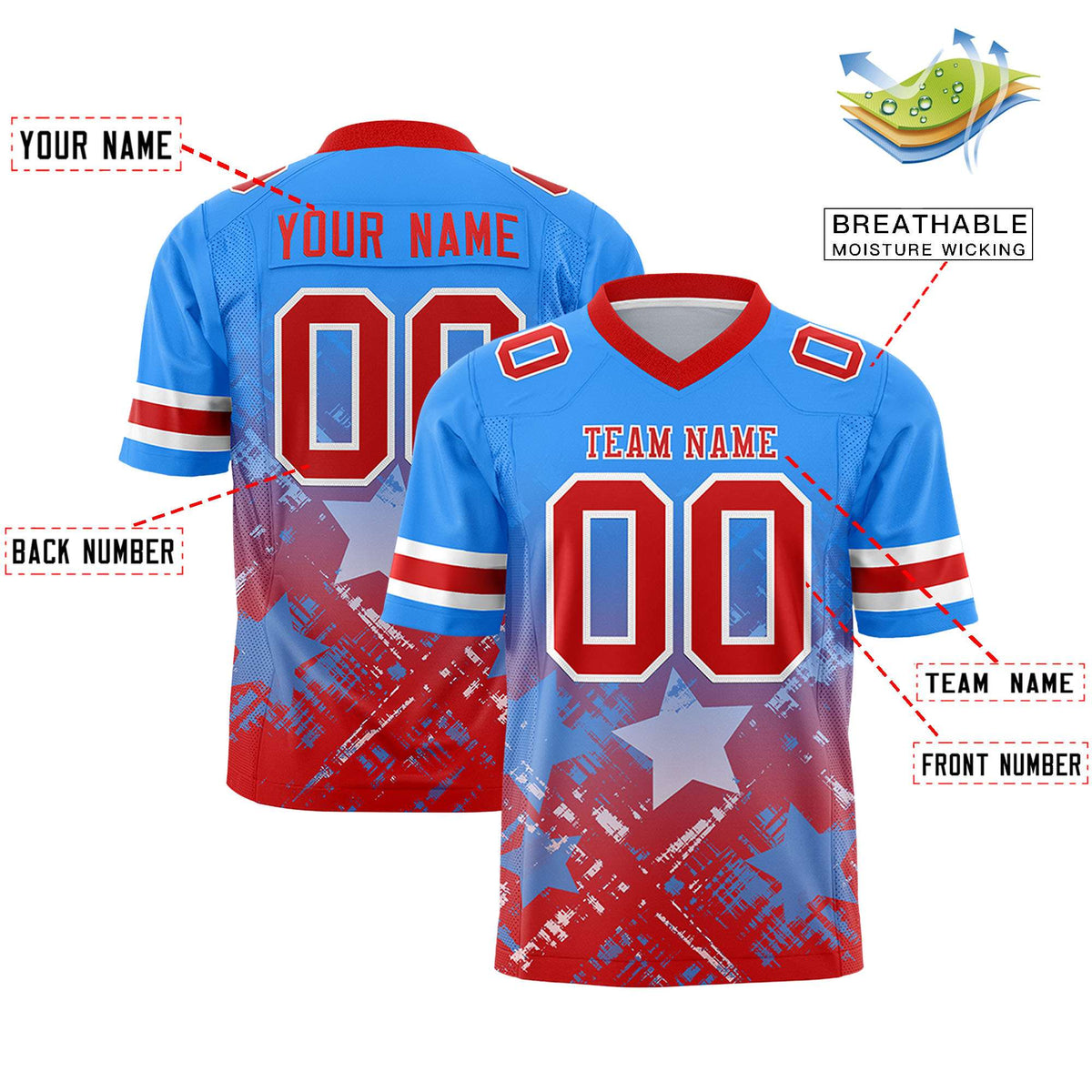 Custom Light Blue Red Personalized Star Gradient Flag Football Jersey