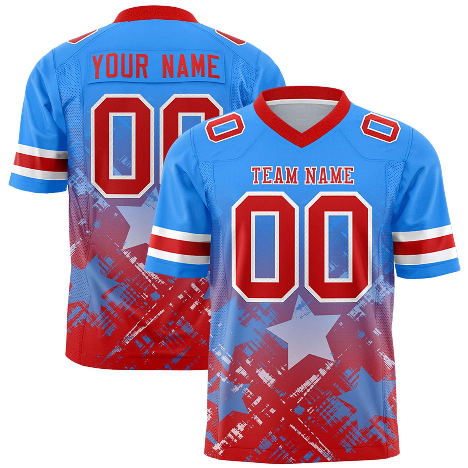 Custom Light Blue Red Personalized Star Gradient Flag Football Jersey