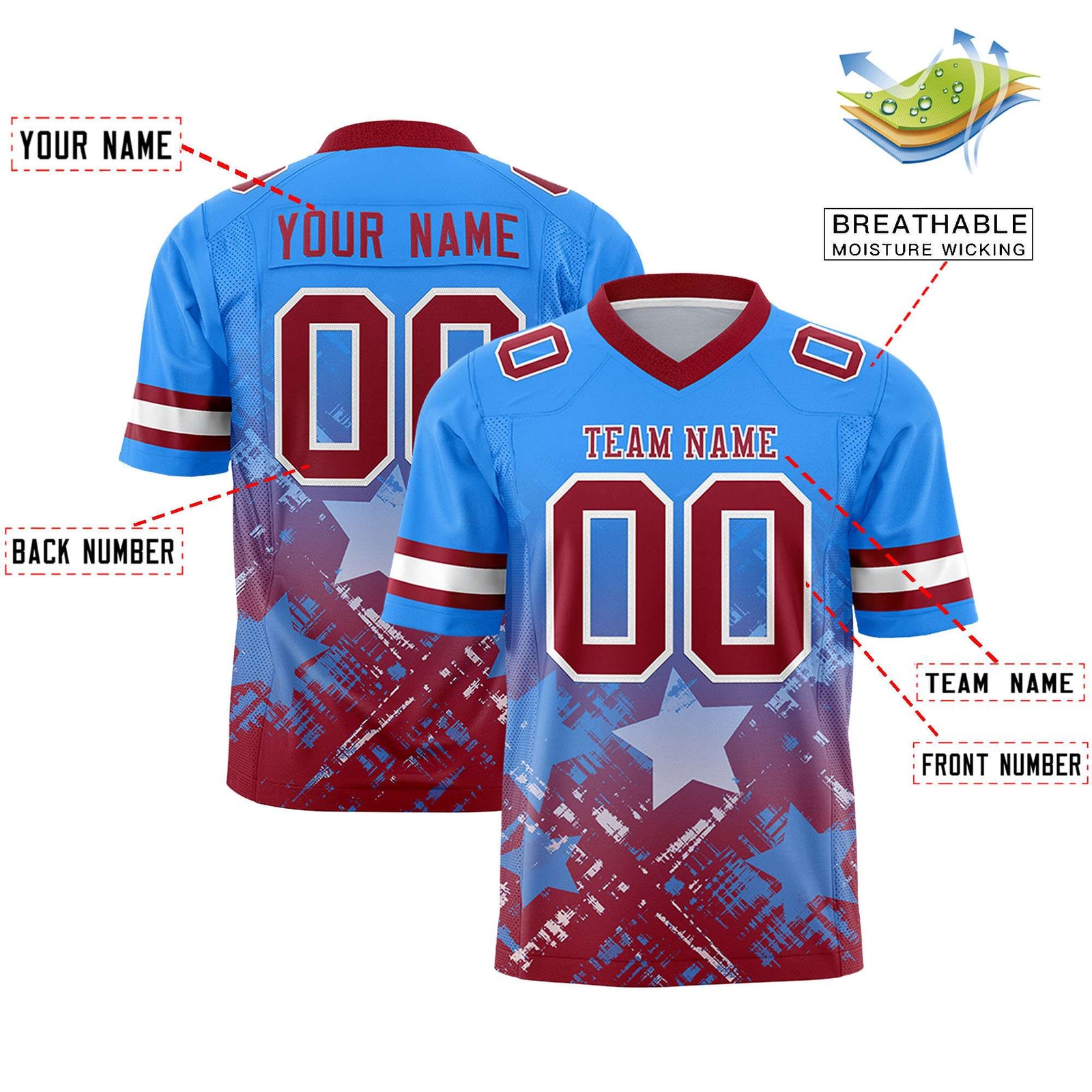 Custom Light Blue Cardinal Personalized Star Gradient Flag Football Jersey