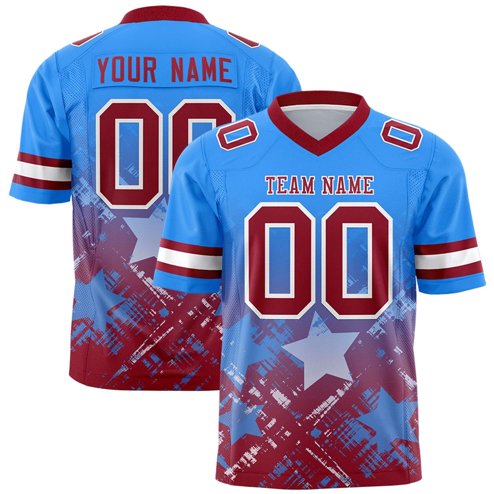 Custom Light Blue Cardinal Personalized Star Gradient Flag Football Jersey