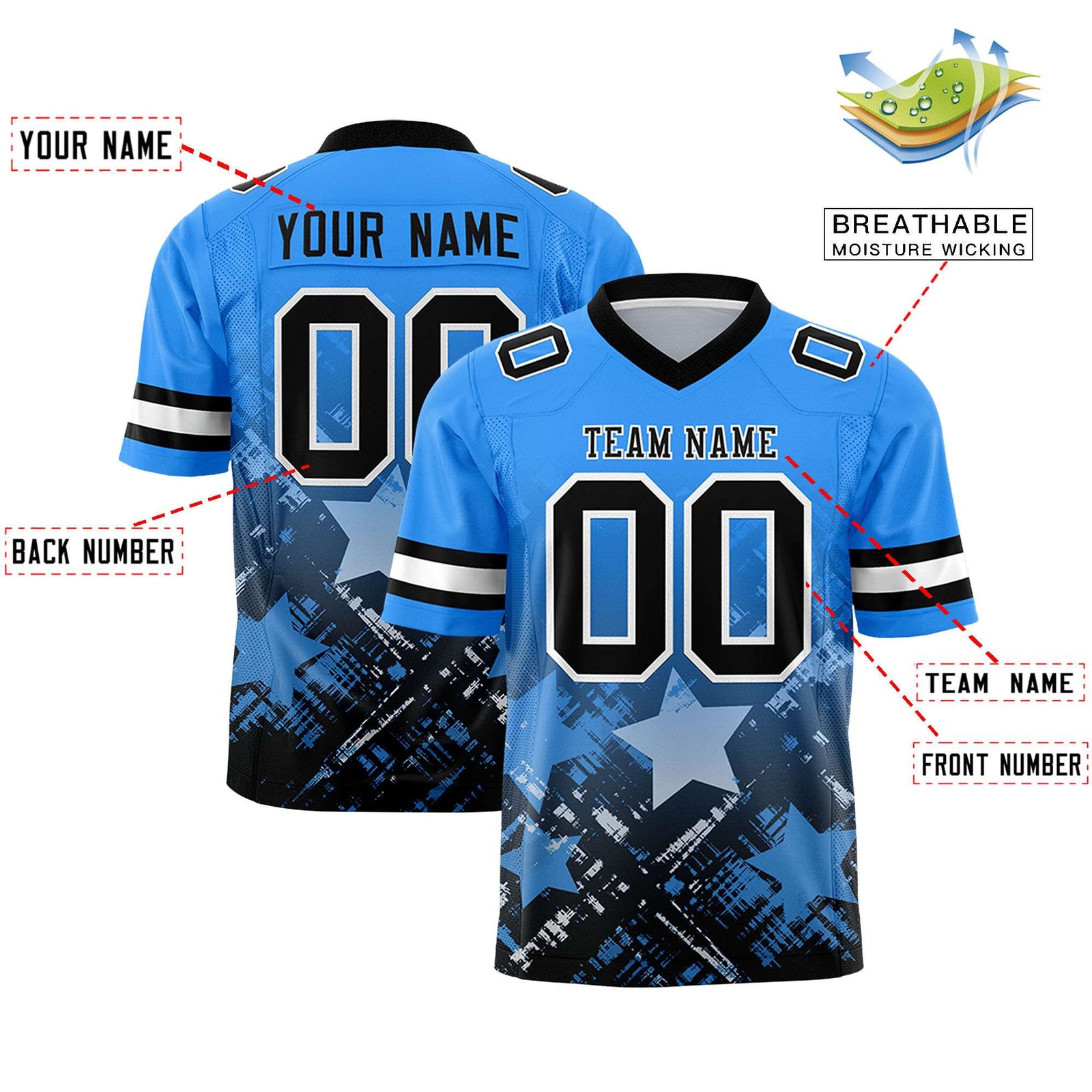 Custom Light Blue Black Personalized Star Gradient Flag Football Jersey