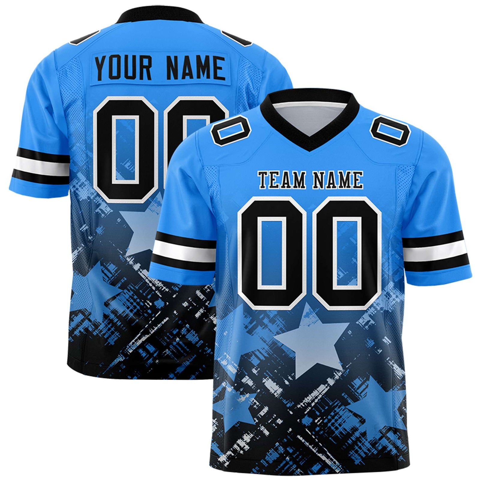 Custom Light Blue Black Personalized Star Gradient Flag Football Jersey
