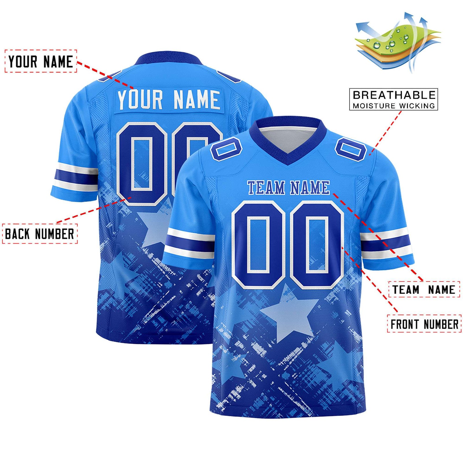 Custom Light Blue Royal Personalized Star Gradient Flag Football Jersey