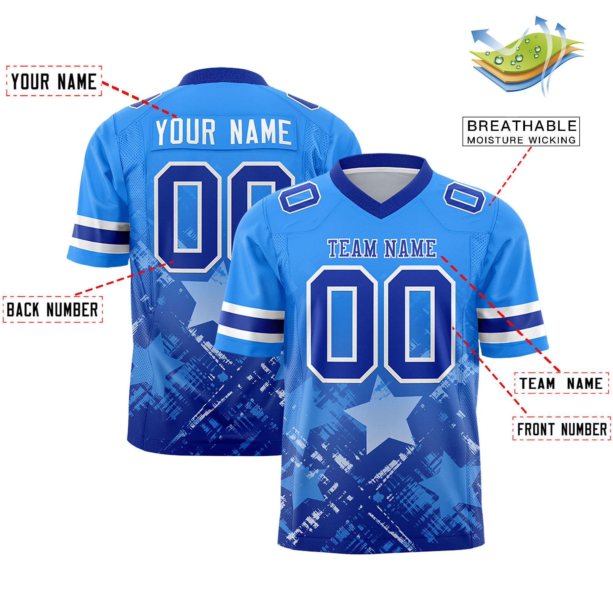 Custom Light Blue Royal Personalized Star Gradient Flag Football Jersey