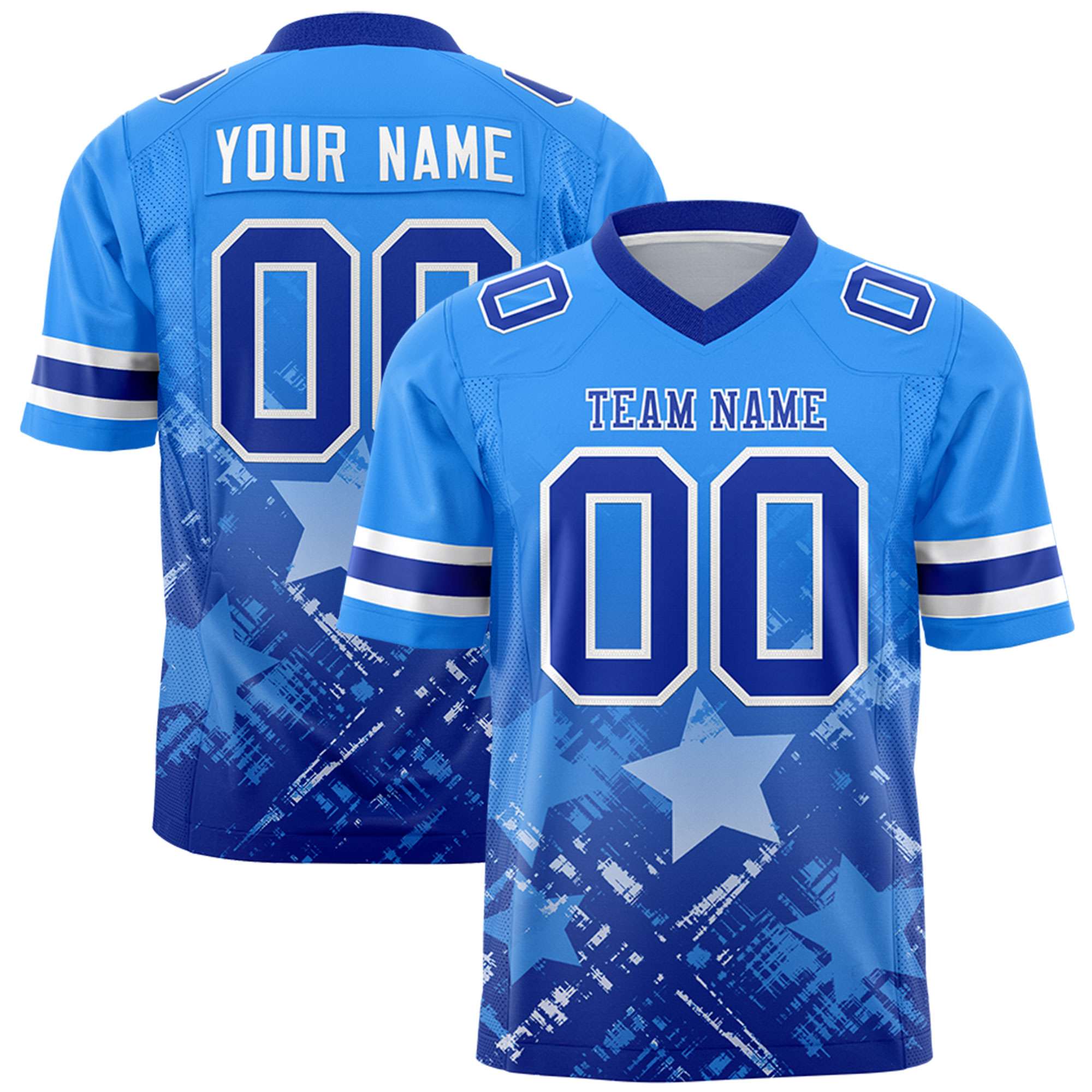 Custom Light Blue Royal Personalized Star Gradient Flag Football Jersey