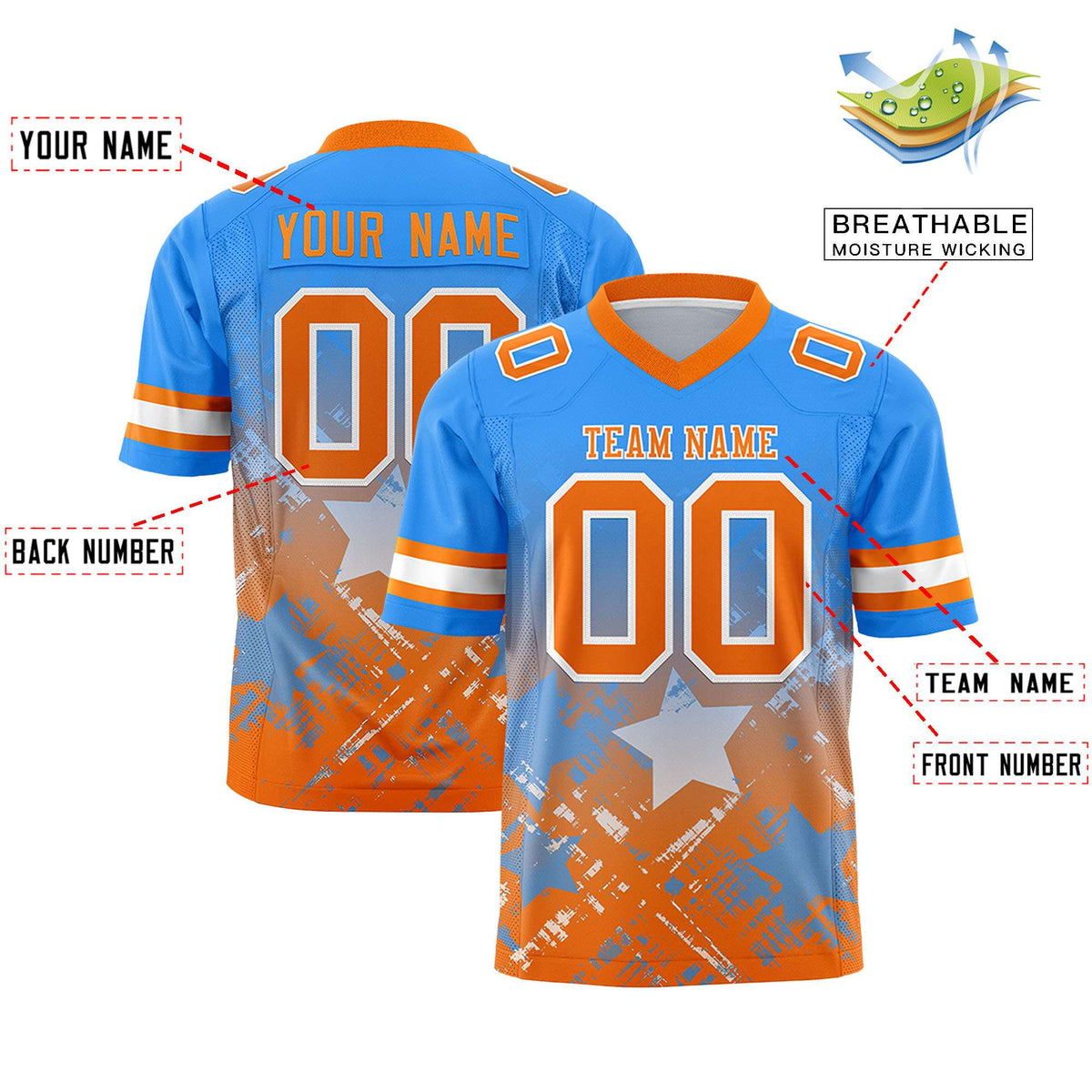Custom Light Blue Orange Personalized Star Gradient Flag Football Jersey