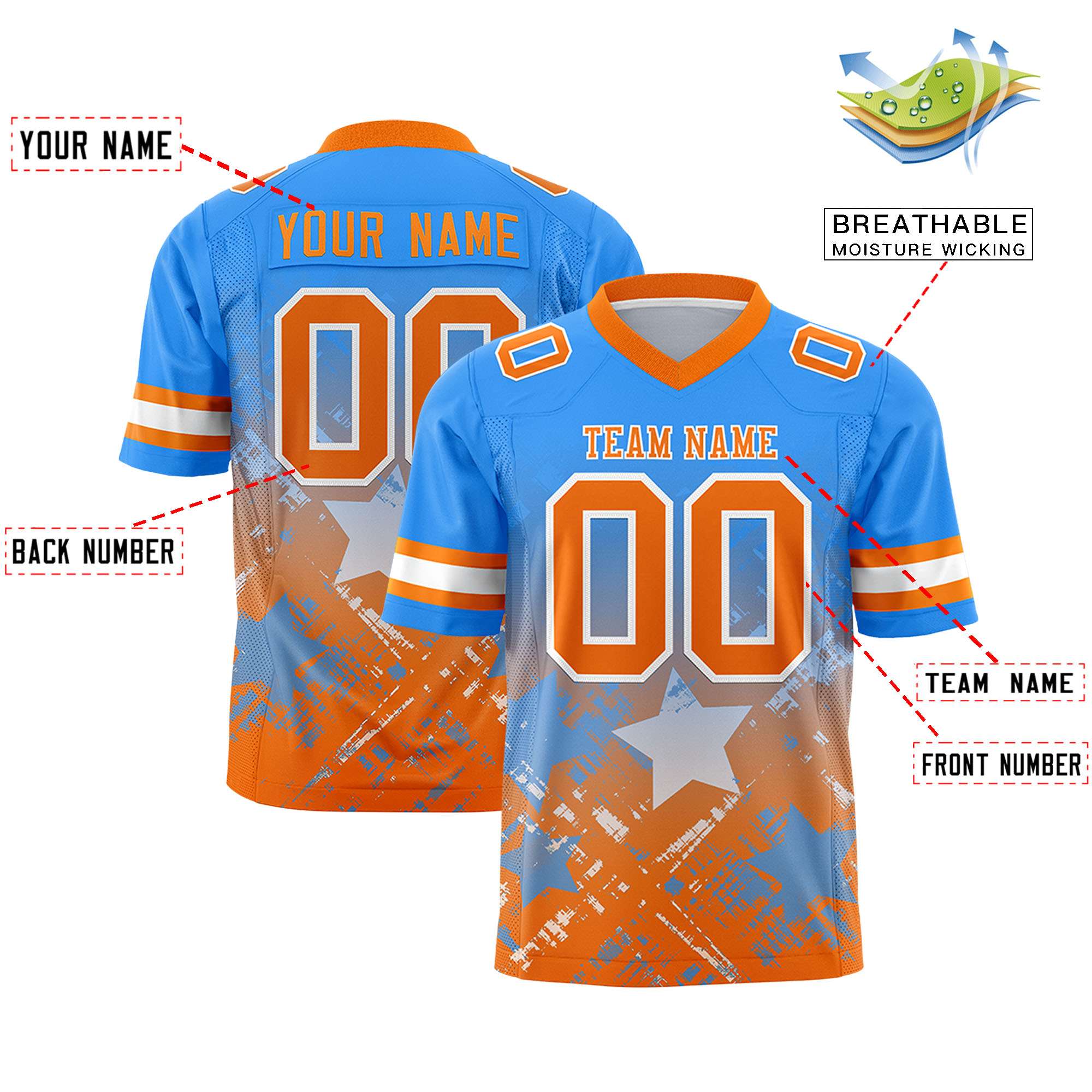 Custom Light Blue Orange Personalized Star Gradient Flag Football Jersey