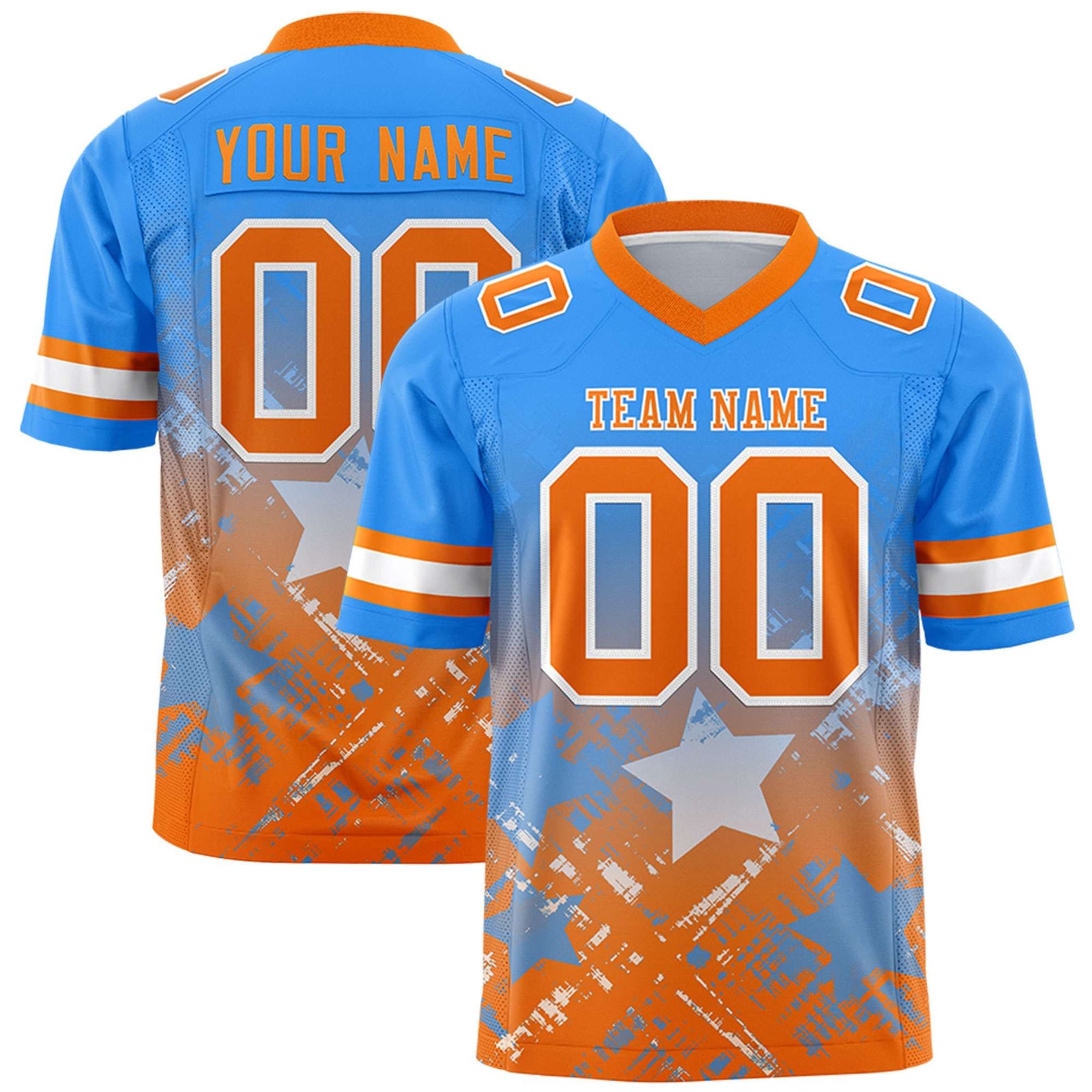 Custom Light Blue Orange Personalized Star Gradient Flag Football Jersey