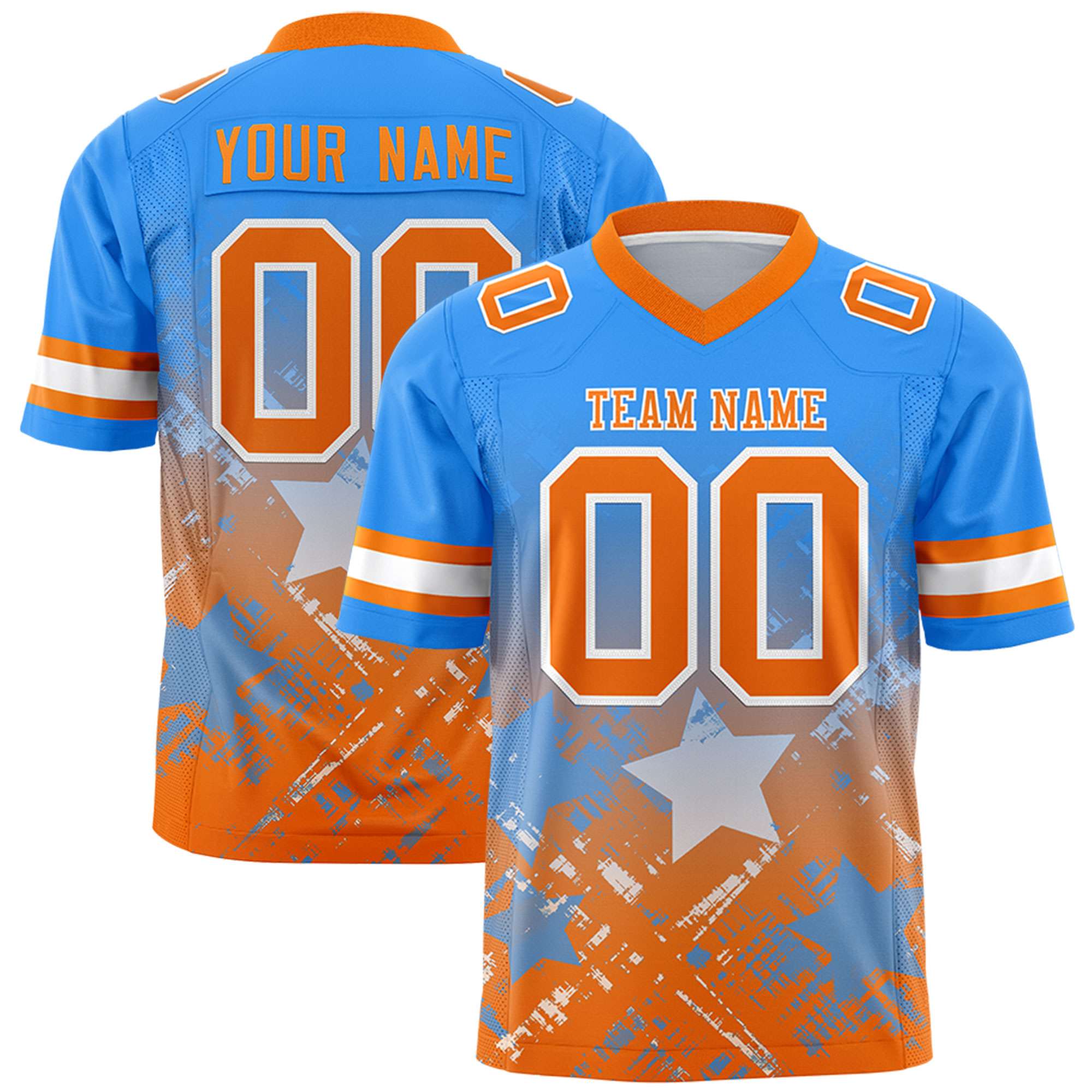 Custom Light Blue Orange Personalized Star Gradient Flag Football Jersey