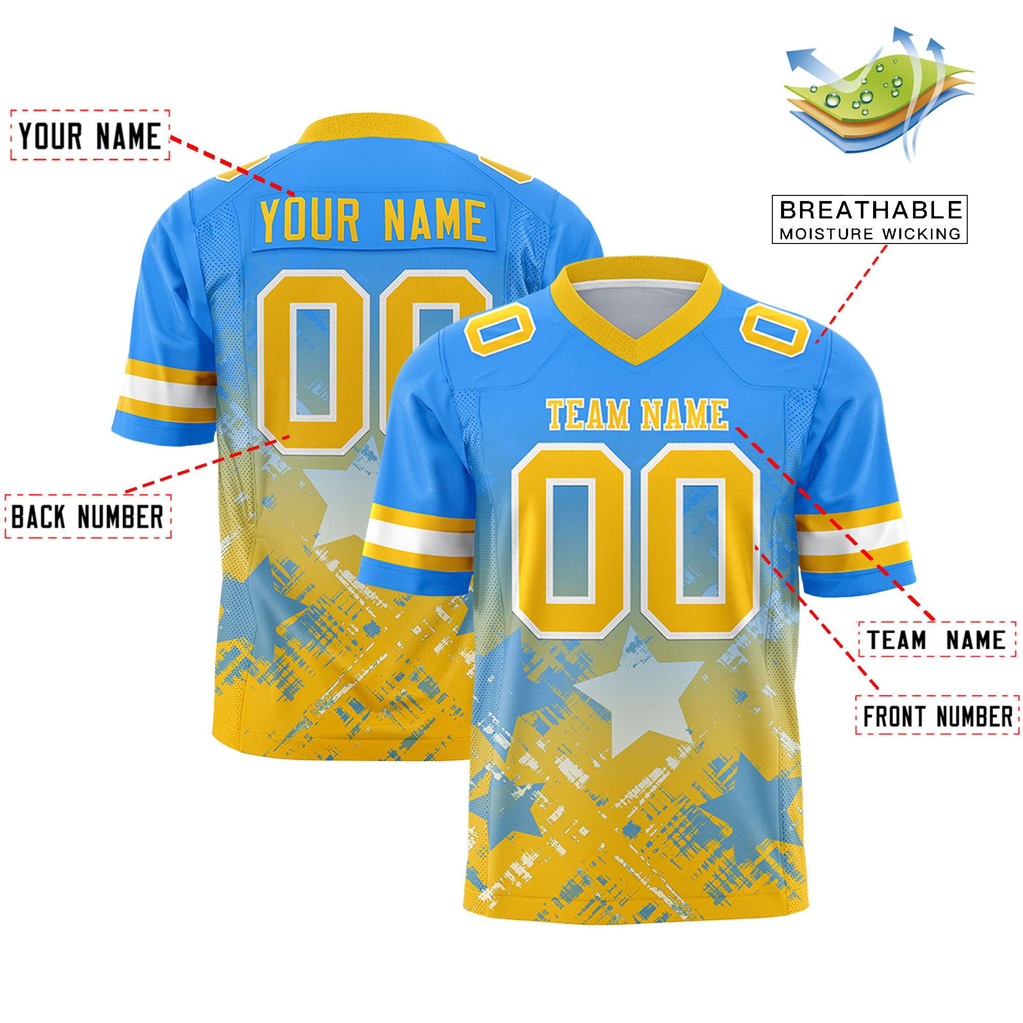 Custom Light Blue Yellow Personalized Star Gradient Flag Football Jersey