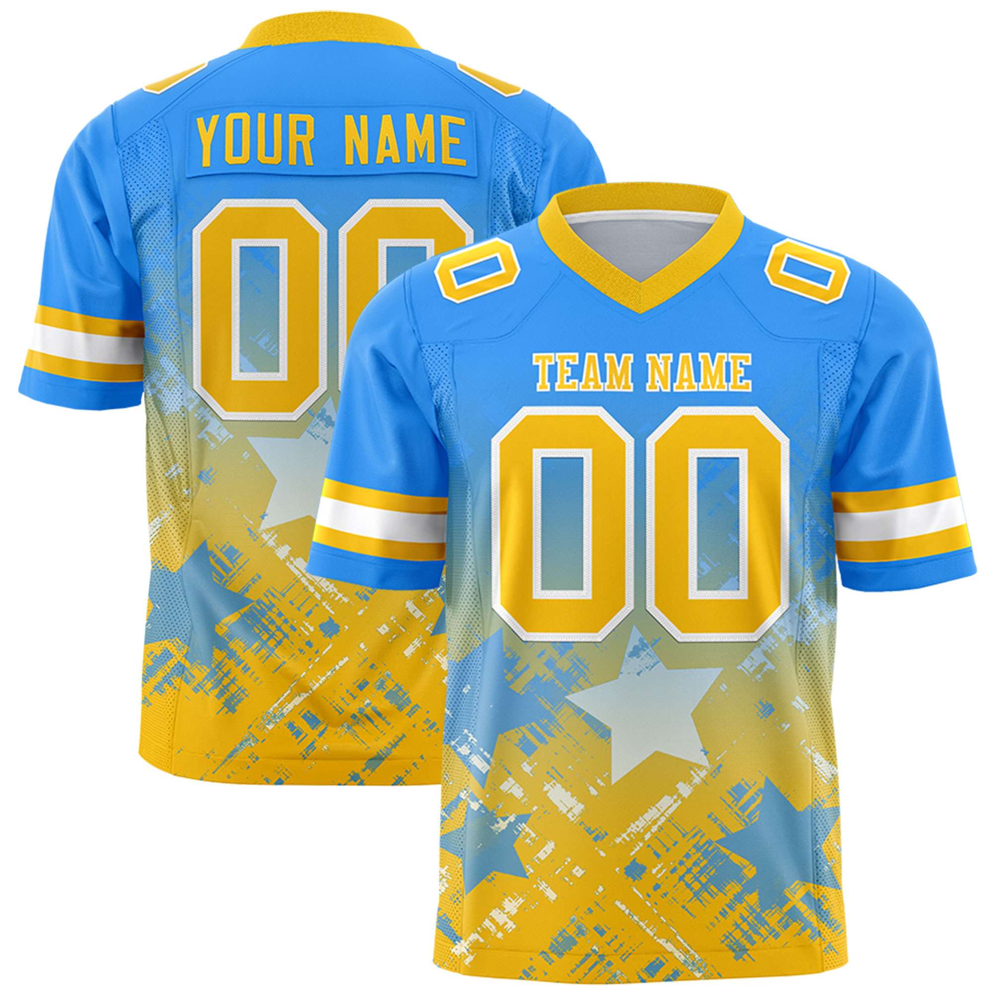 Custom Light Blue Yellow Personalized Star Gradient Flag Football Jersey