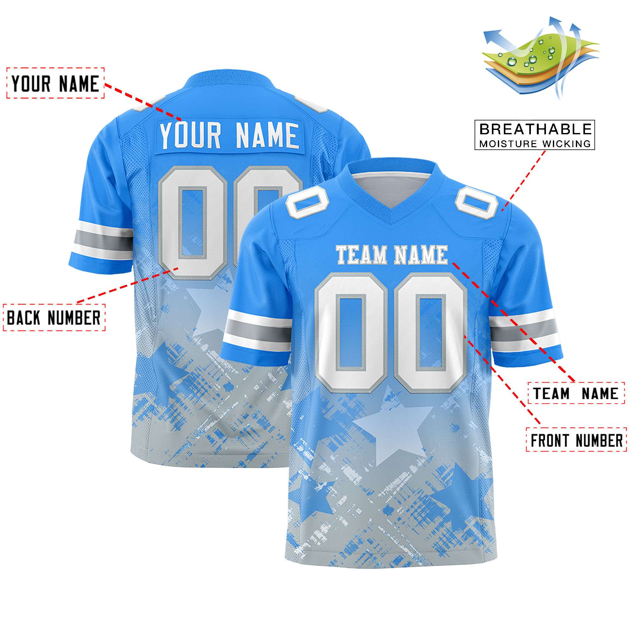 Custom Light Blue Light Blue Personalized Star Gradient Flag Football Jersey