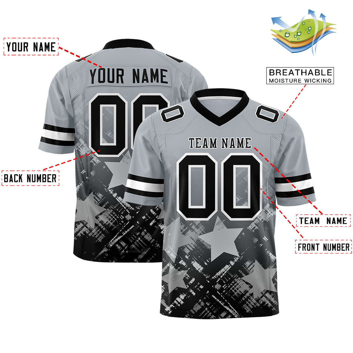 Custom Grey Black Personalized Star Gradient Flag Football Jersey